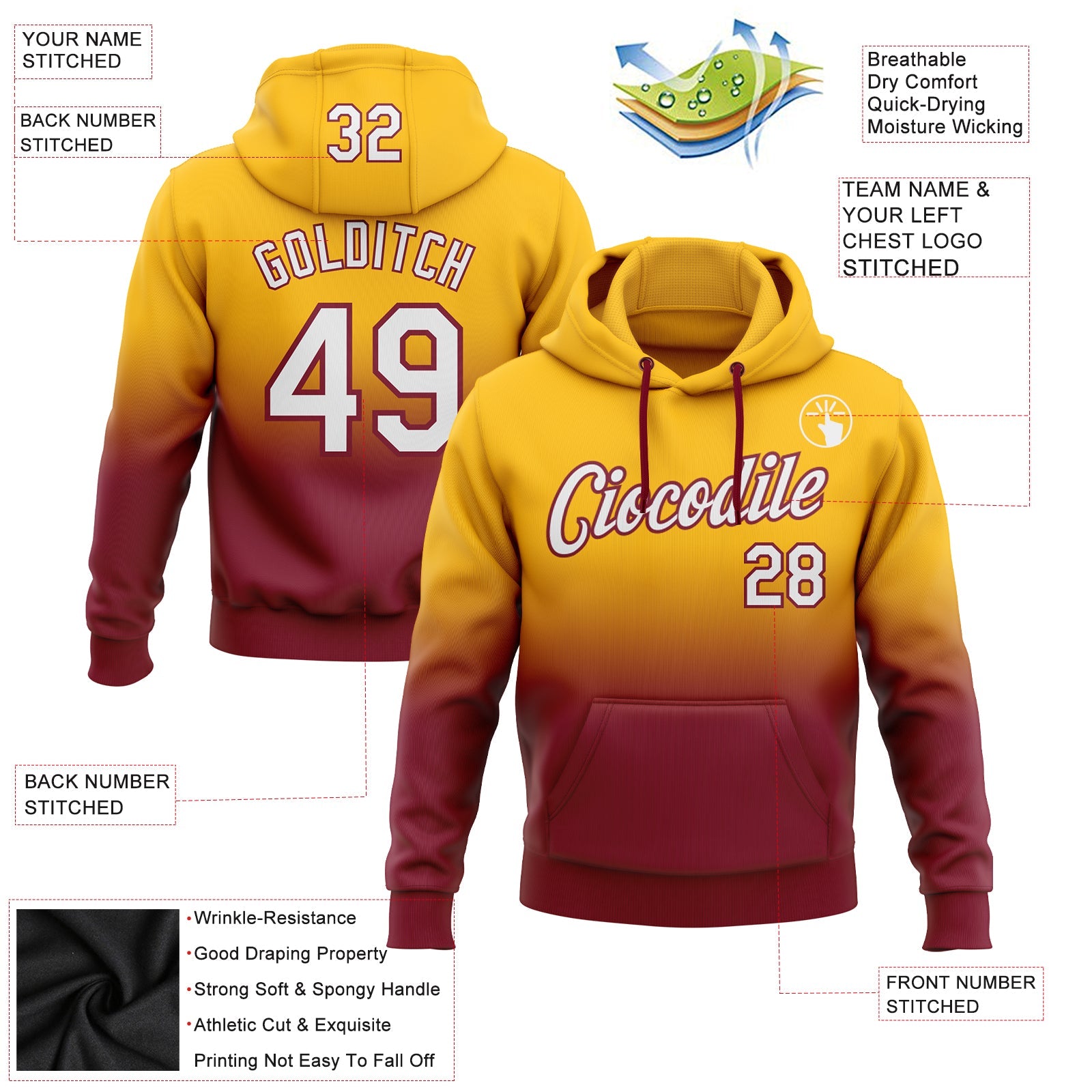 Custom Gold White-Crimson Fade Fashion Sports Pullover Sweatshirt Hoodie