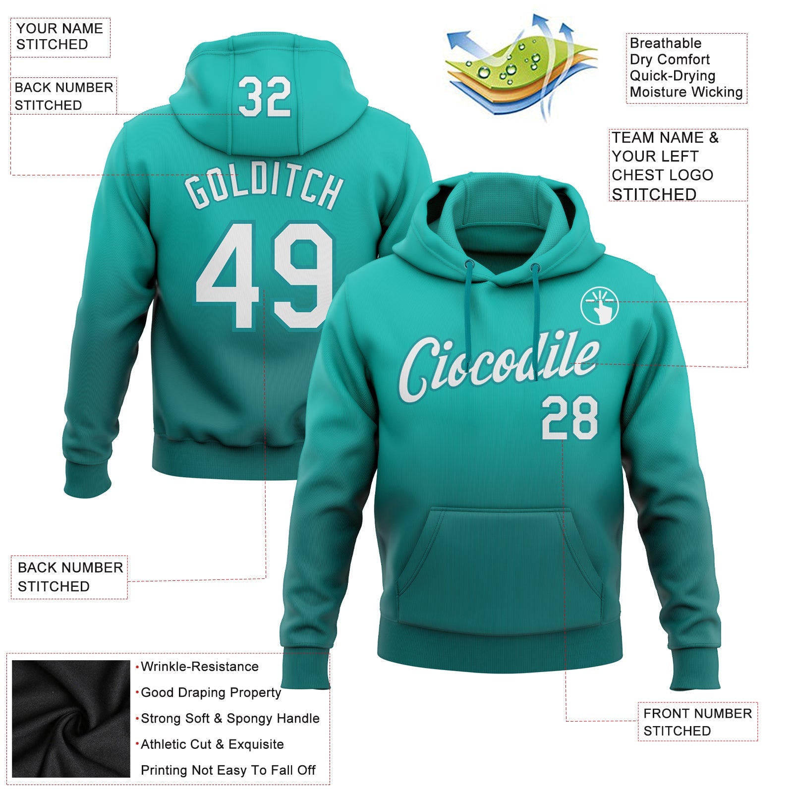 Custom Aqua White-Teal Fade Fashion Sports Pullover Sweatshirt Hoodie