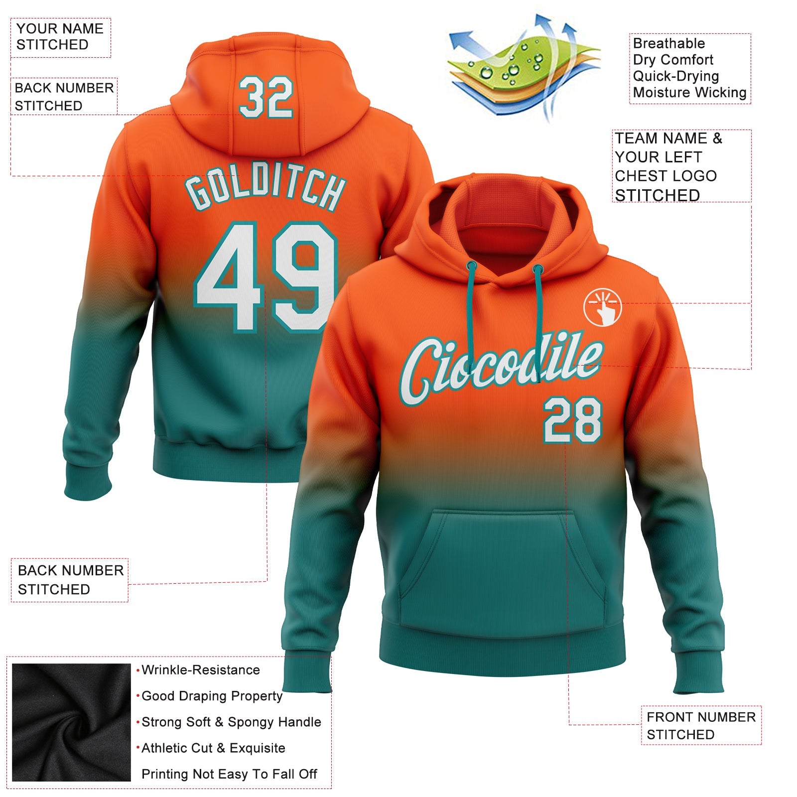 Custom Orange White-Teal Fade Fashion Sports Pullover Sweatshirt Hoodie