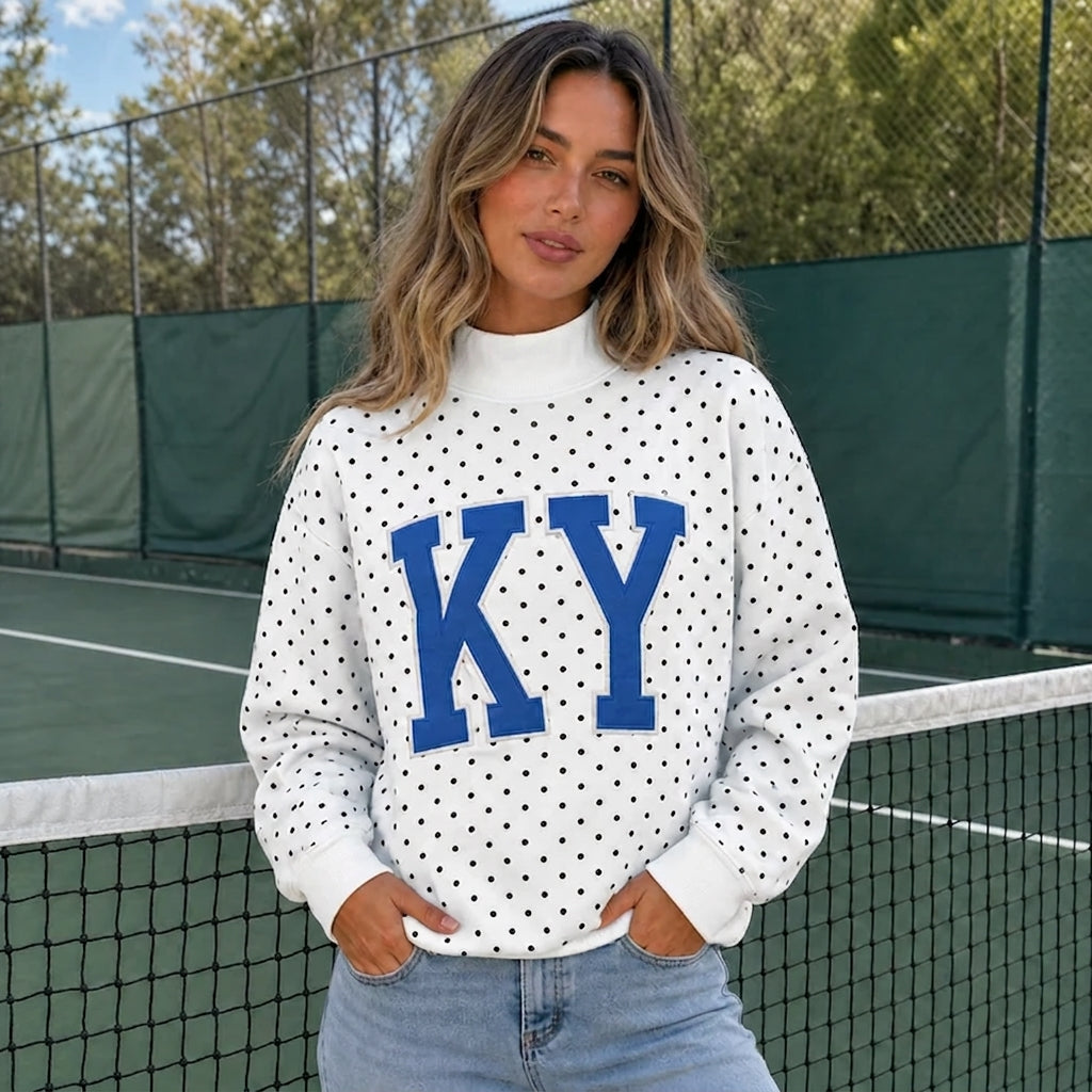 Custom College Applique Team Name Stand-up Collar Polka Dot Mockneck | Sports Gifts | Game Day Wear