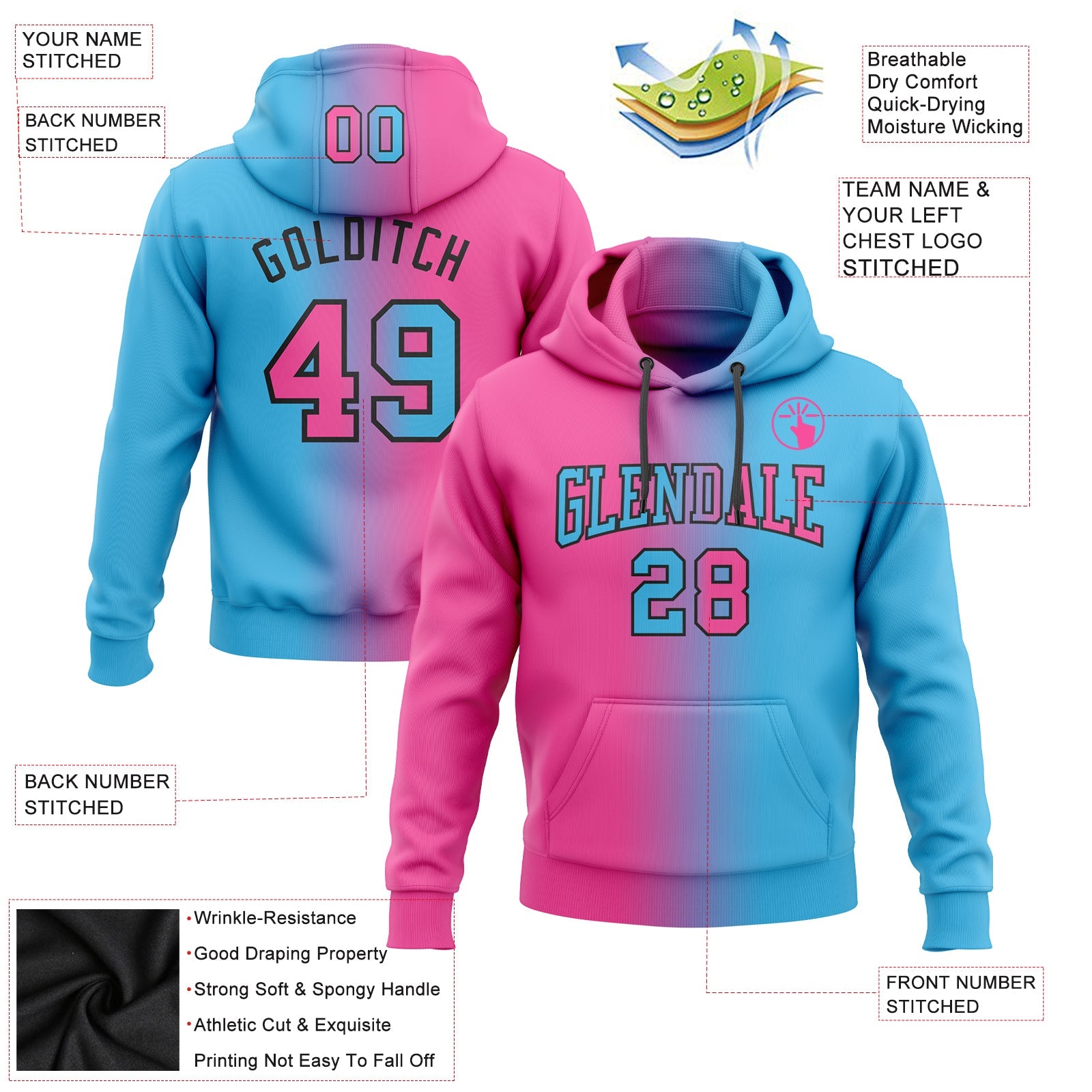 Custom Gradient Fashion Sky Blue Pink-Black Sports Pullover Sweatshirt Hoodie