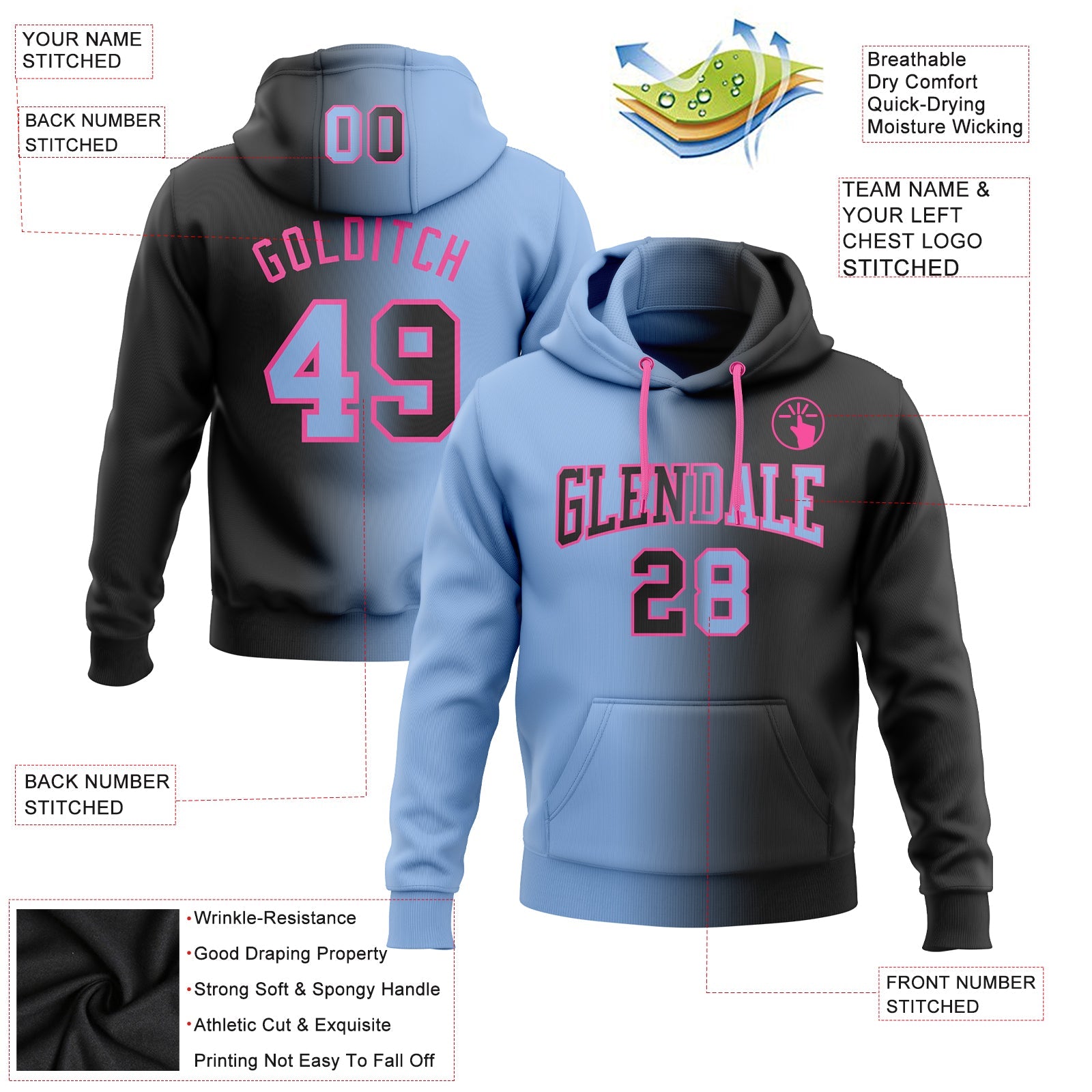 Custom Gradient Fashion Black Light Blue-Pink Sports Pullover Sweatshirt Hoodie