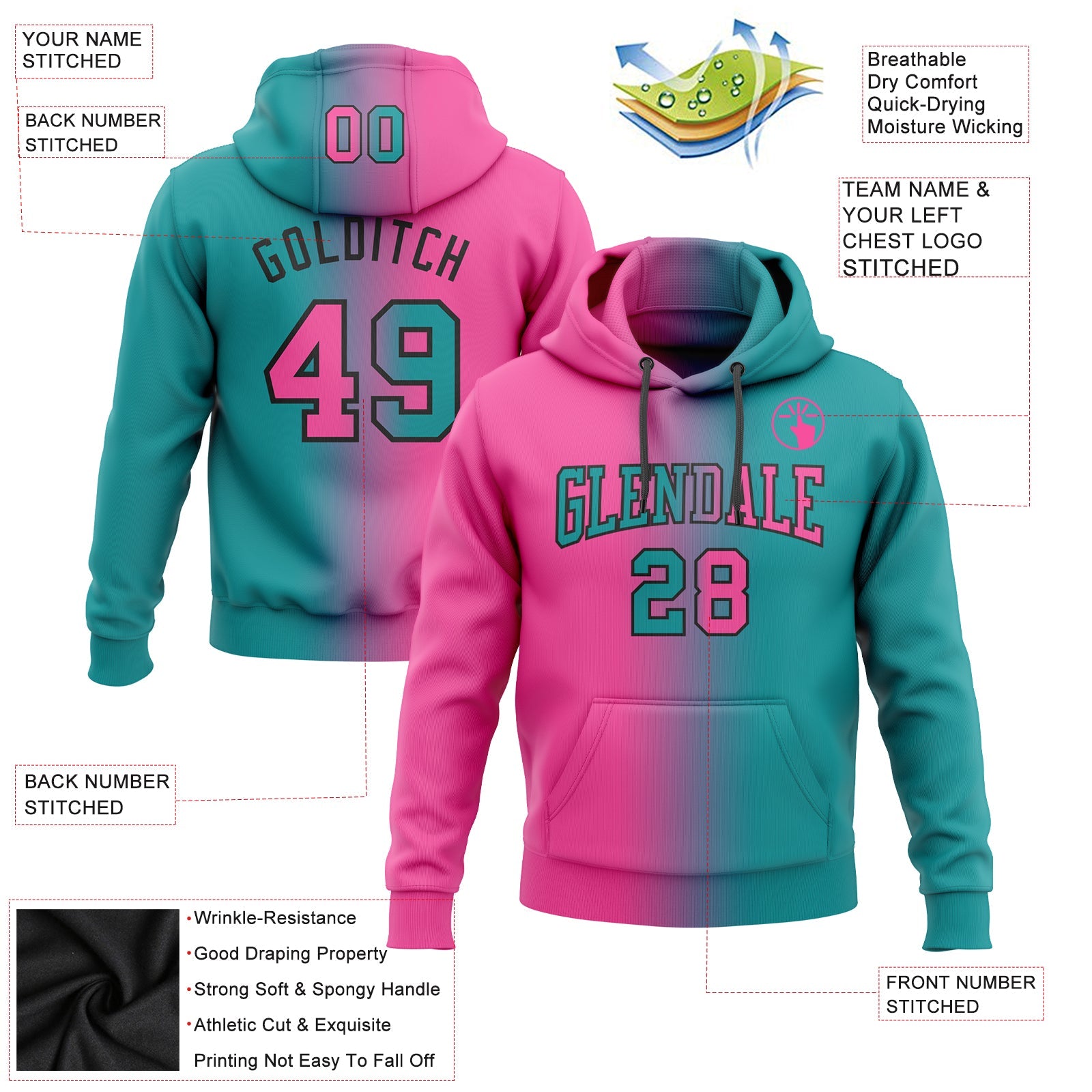 Custom Gradient Fashion Teal Pink-Black Sports Pullover Sweatshirt Hoodie