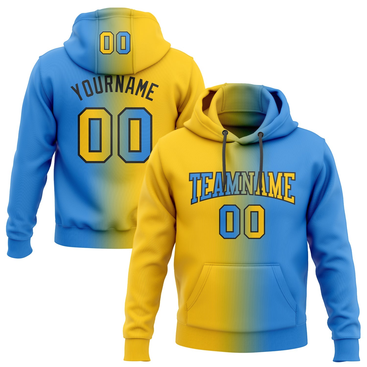 Custom Gradient Fashion Electric Blue Yellow-Black Sports Pullover Sweatshirt Hoodie