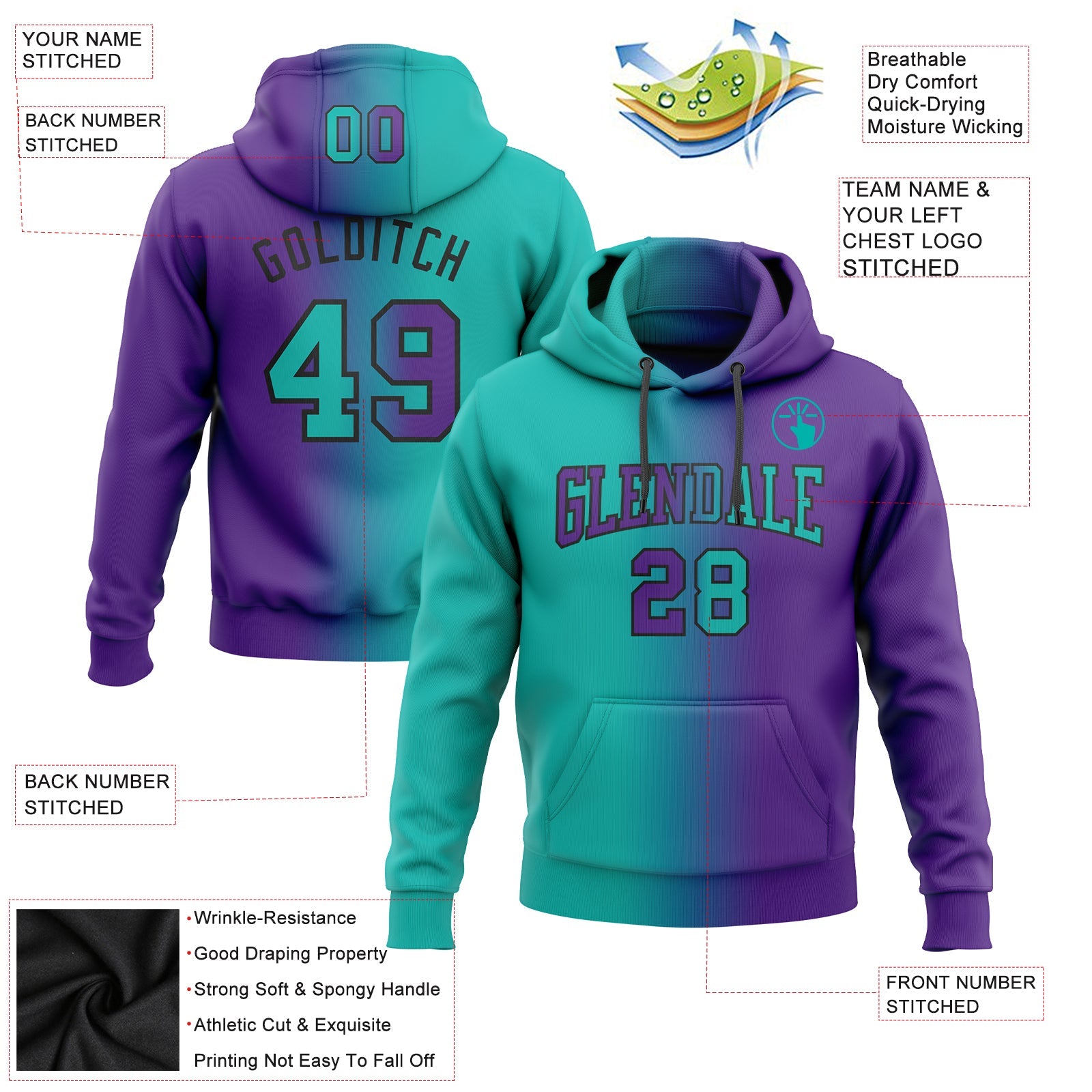 Custom Gradient Fashion Purple Aqua-Black Sports Pullover Sweatshirt Hoodie