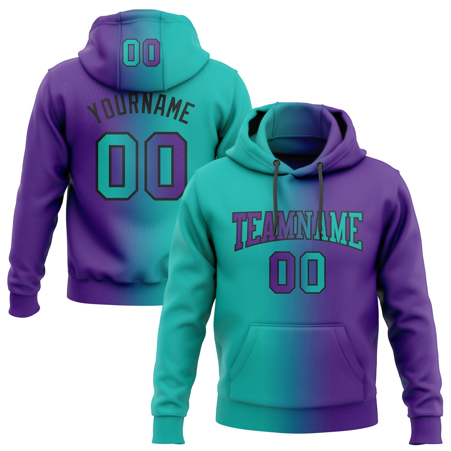 Custom Gradient Fashion Purple Aqua-Black Sports Pullover Sweatshirt Hoodie