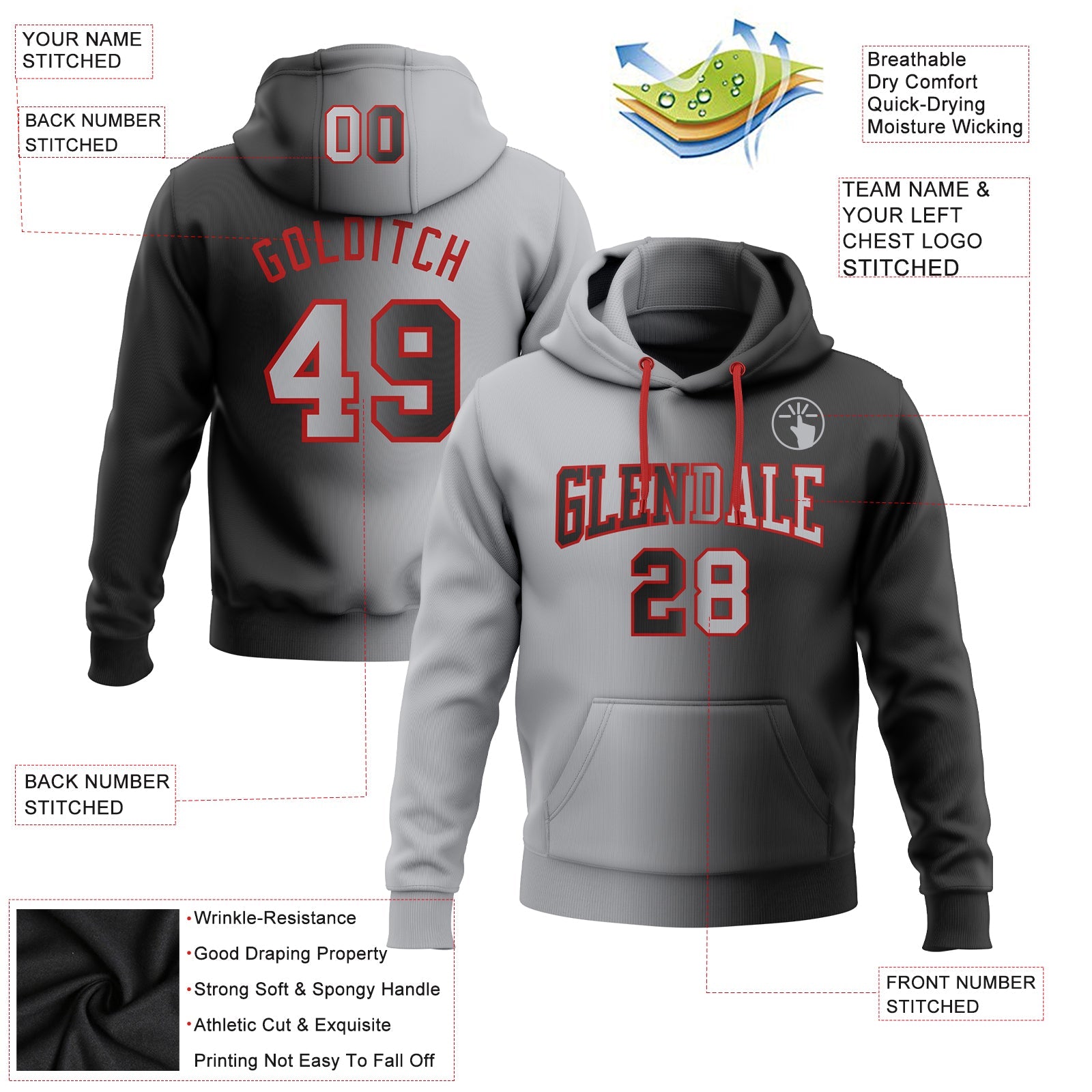 Custom Gradient Fashion Black Gray-Red Sports Pullover Sweatshirt Hoodie