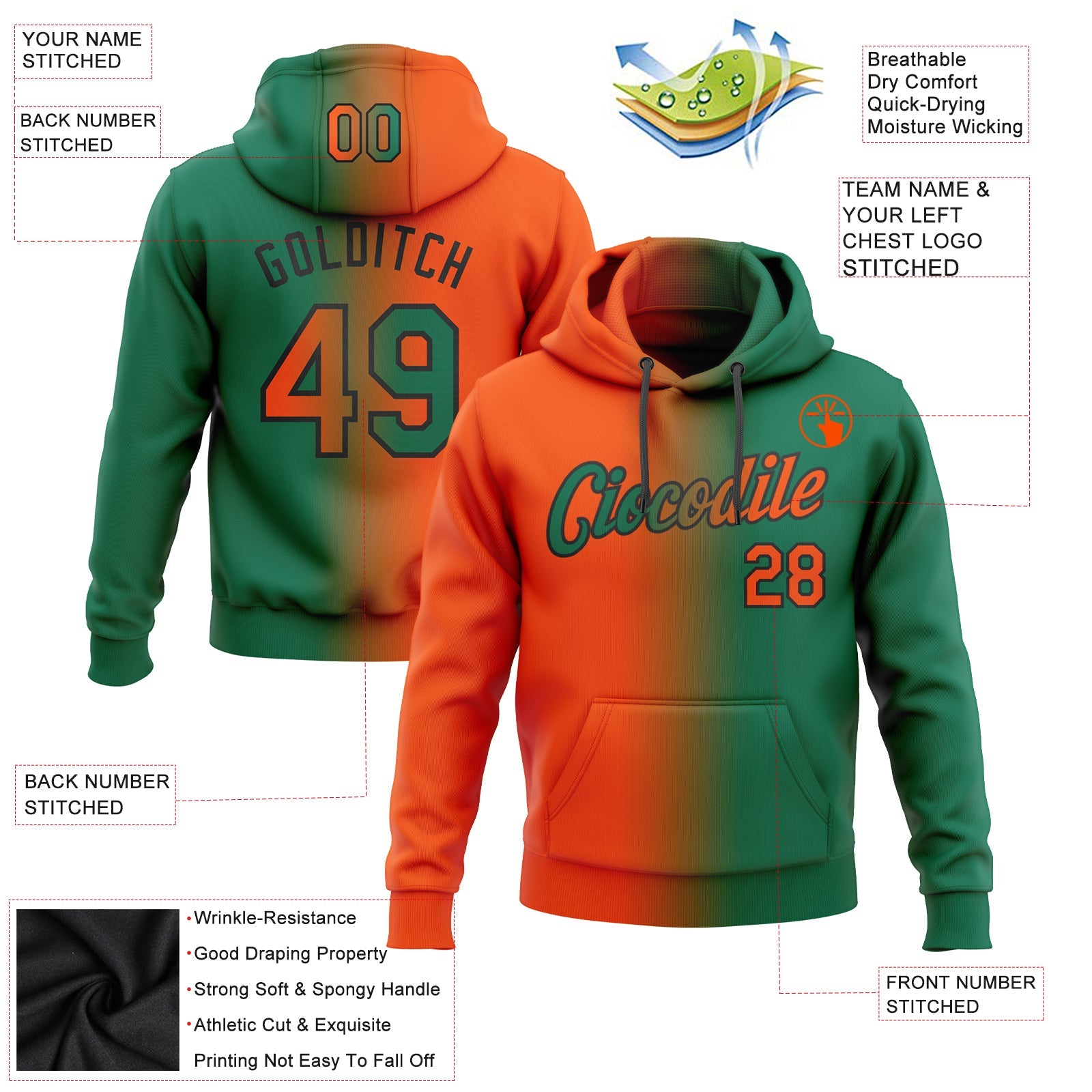 Custom Gradient Fashion Kelly Green Orange-Black Sports Pullover Sweatshirt Hoodie
