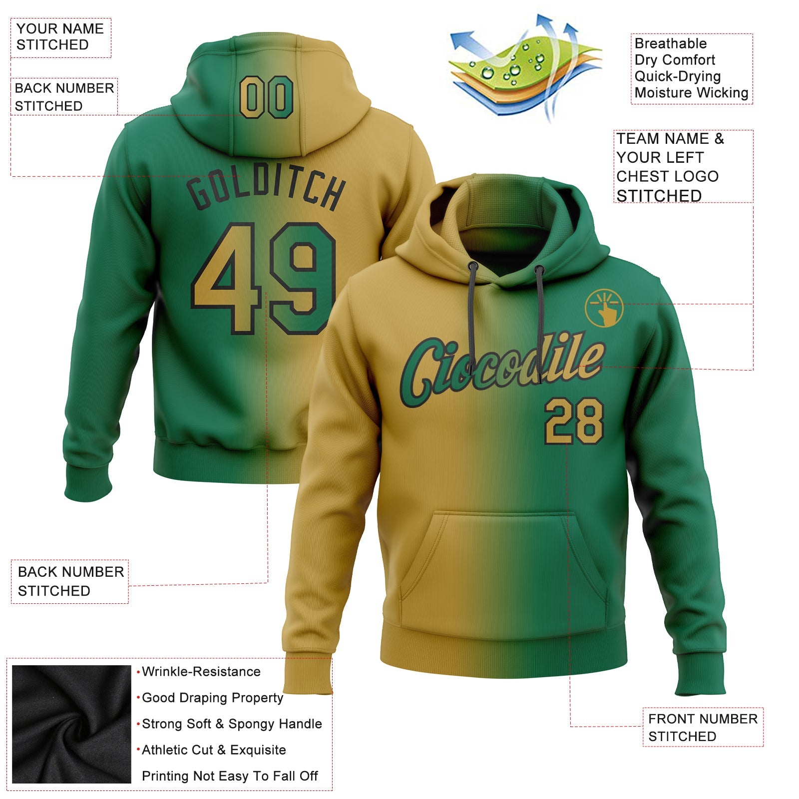 Custom Gradient Fashion Kelly Green Old Gold-Black Sports Pullover Sweatshirt Hoodie