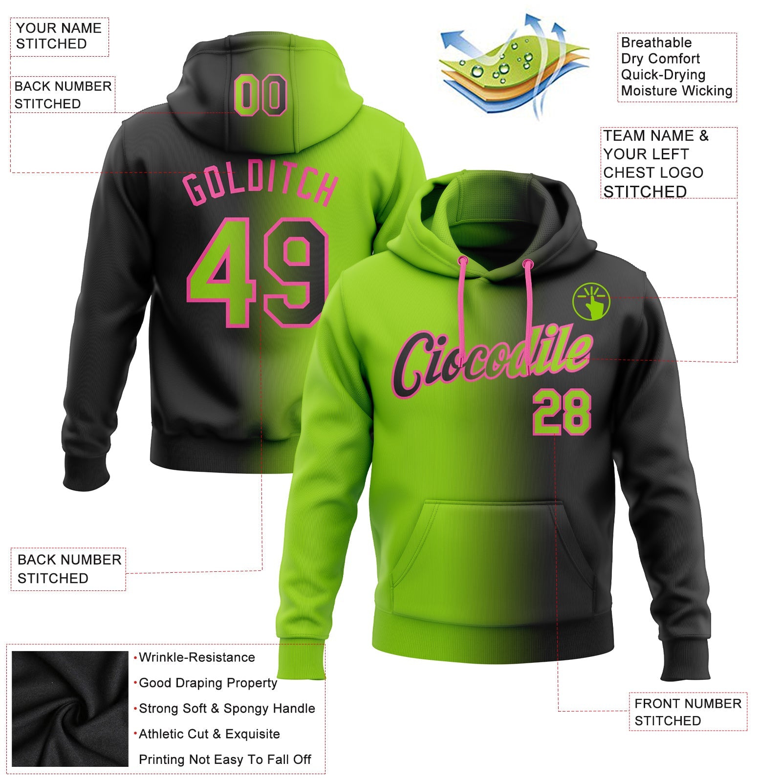 Custom Gradient Fashion Black Neon Green-Pink Sports Pullover Sweatshirt Hoodie