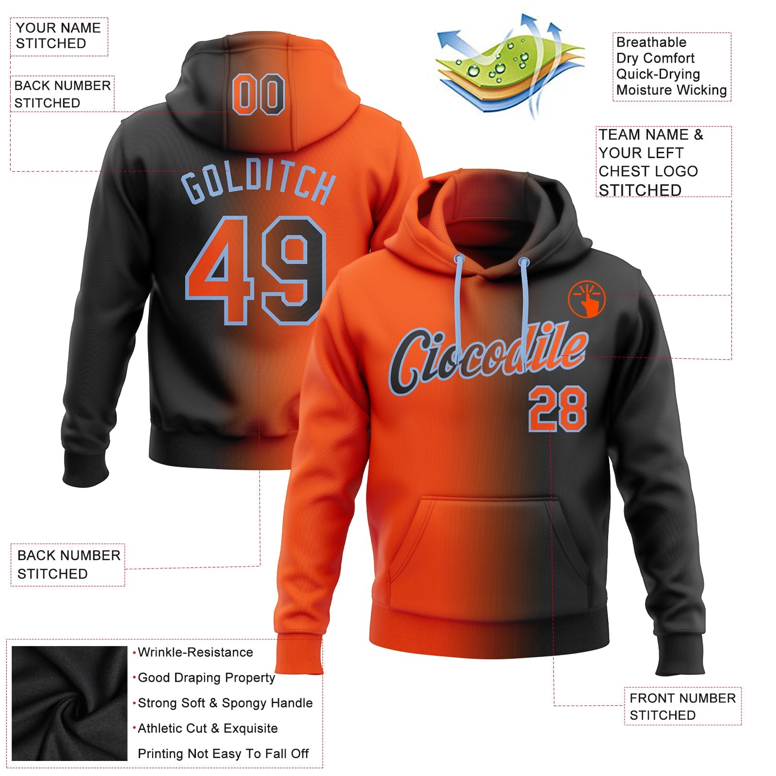 Custom Gradient Fashion Black Orange-Light Blue Sports Pullover Sweatshirt Hoodie