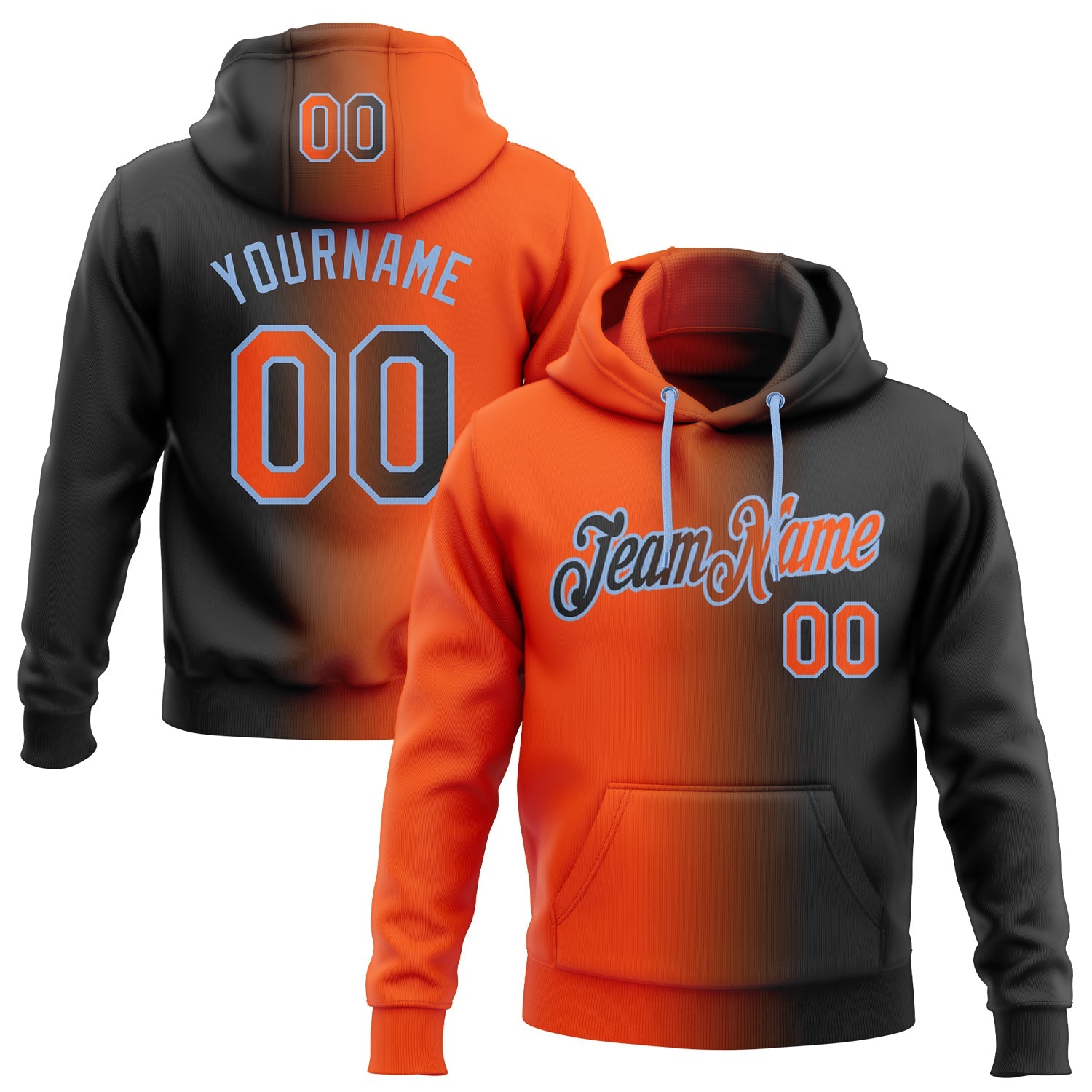 Custom Gradient Fashion Black Orange-Light Blue Sports Pullover Sweatshirt Hoodie