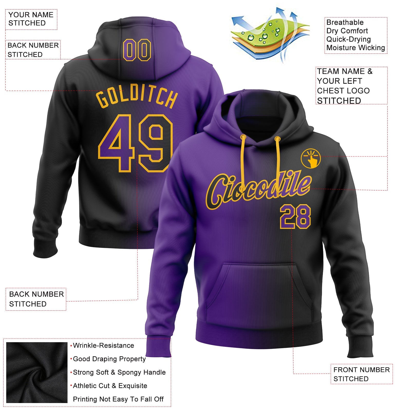 Custom Gradient Fashion Black Purple-Gold Sports Pullover Sweatshirt Hoodie
