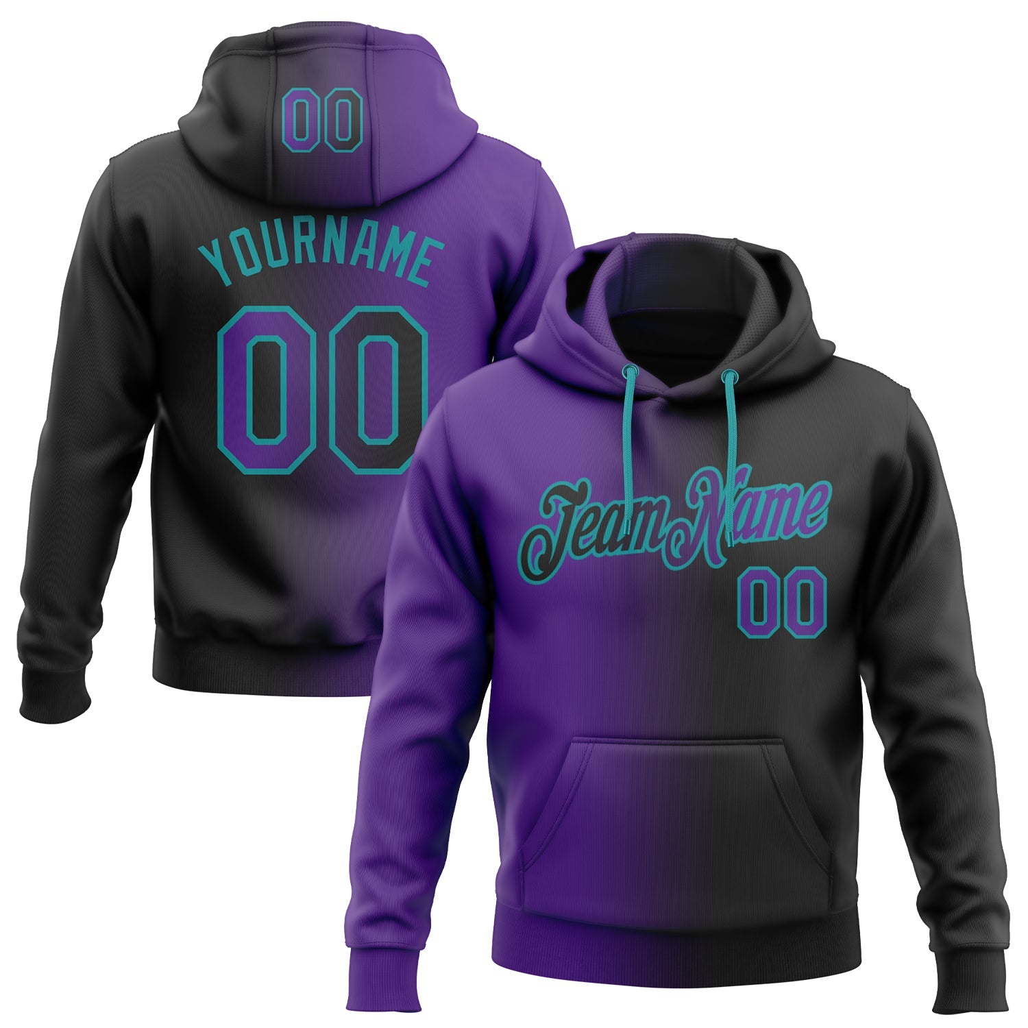 Custom Gradient Fashion Black Purple-Teal Sports Pullover Sweatshirt Hoodie