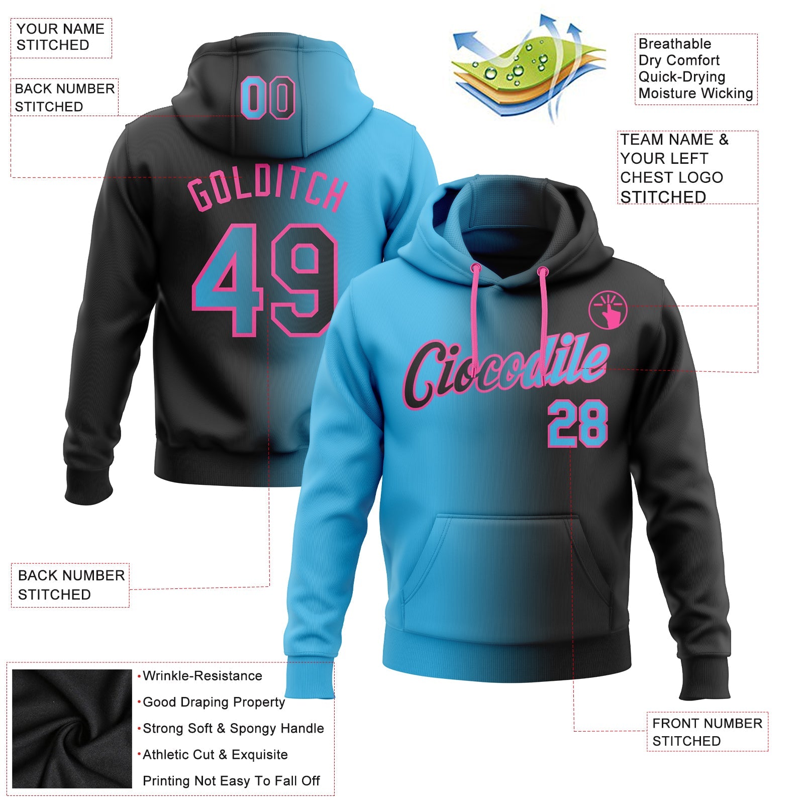 Custom Gradient Fashion Black Sky Blue-Pink Sports Pullover Sweatshirt Hoodie