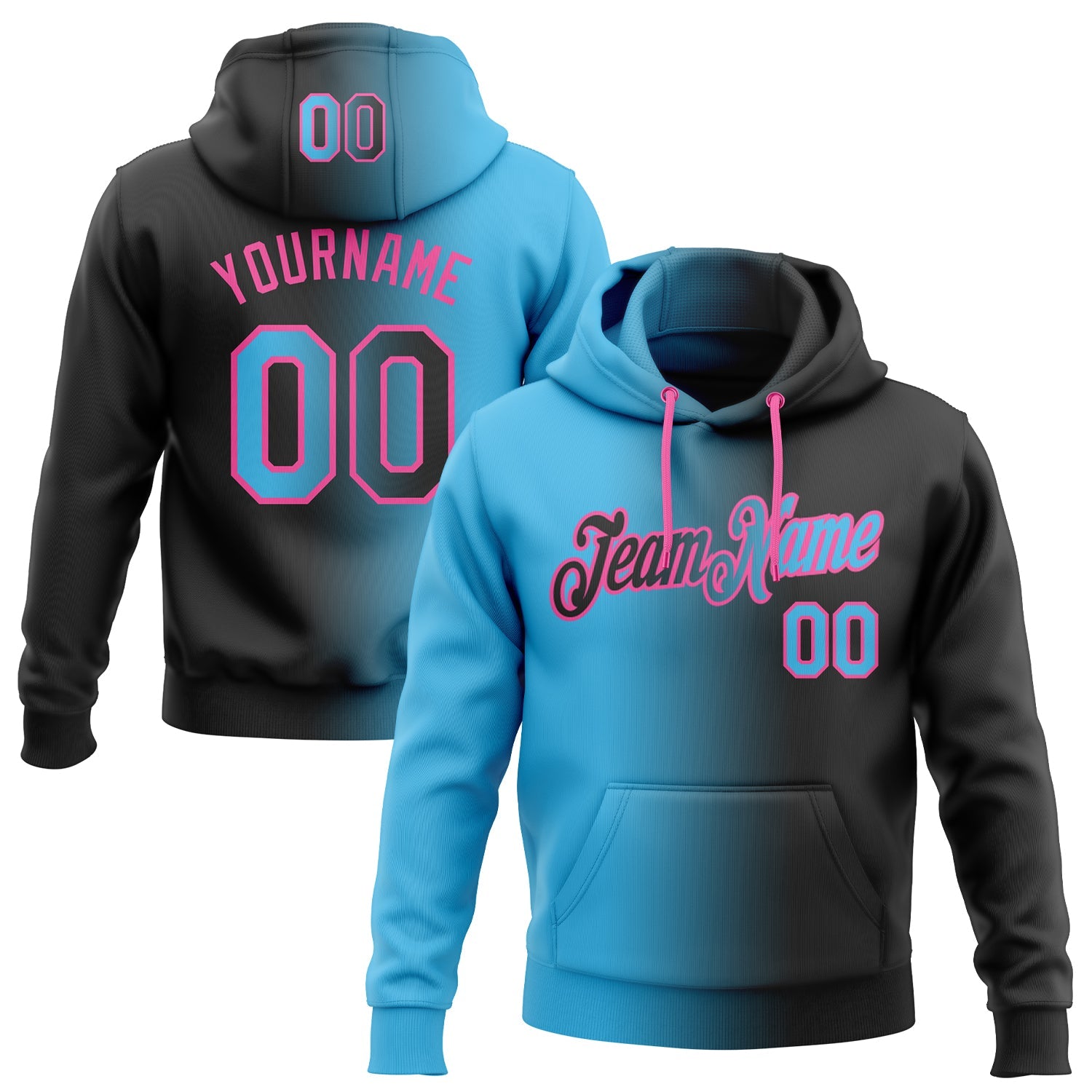 Custom Gradient Fashion Black Sky Blue-Pink Sports Pullover Sweatshirt Hoodie