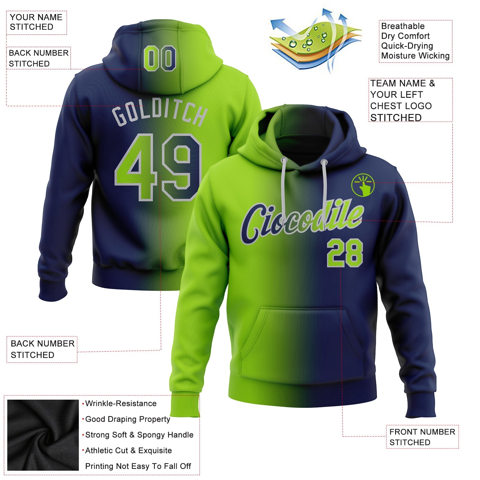 Custom Gradient Fashion Navy Neon Green-Gray Sports Pullover Sweatshirt Hoodie