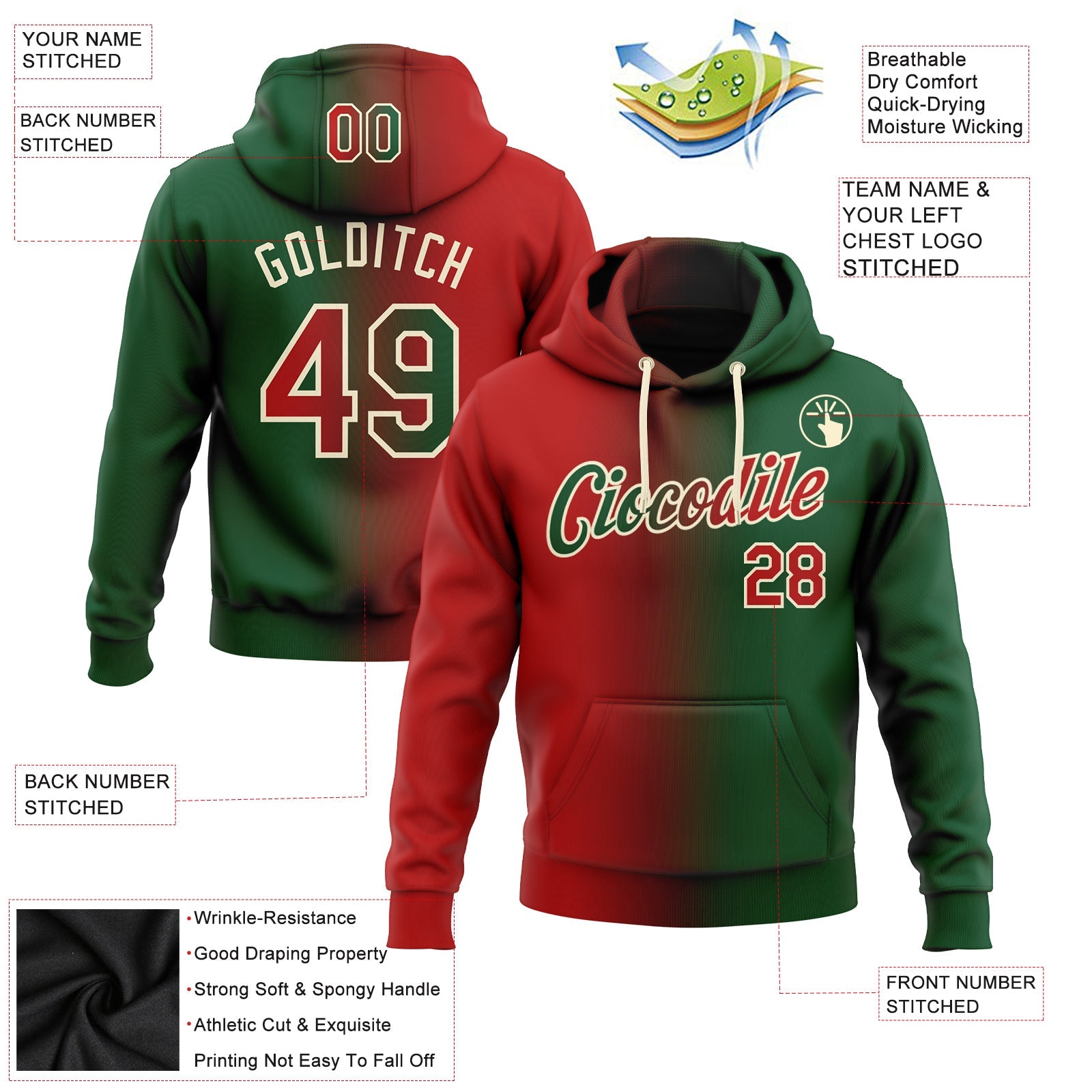 Custom Gradient Fashion Green Red-Cream Sports Pullover Sweatshirt Hoodie