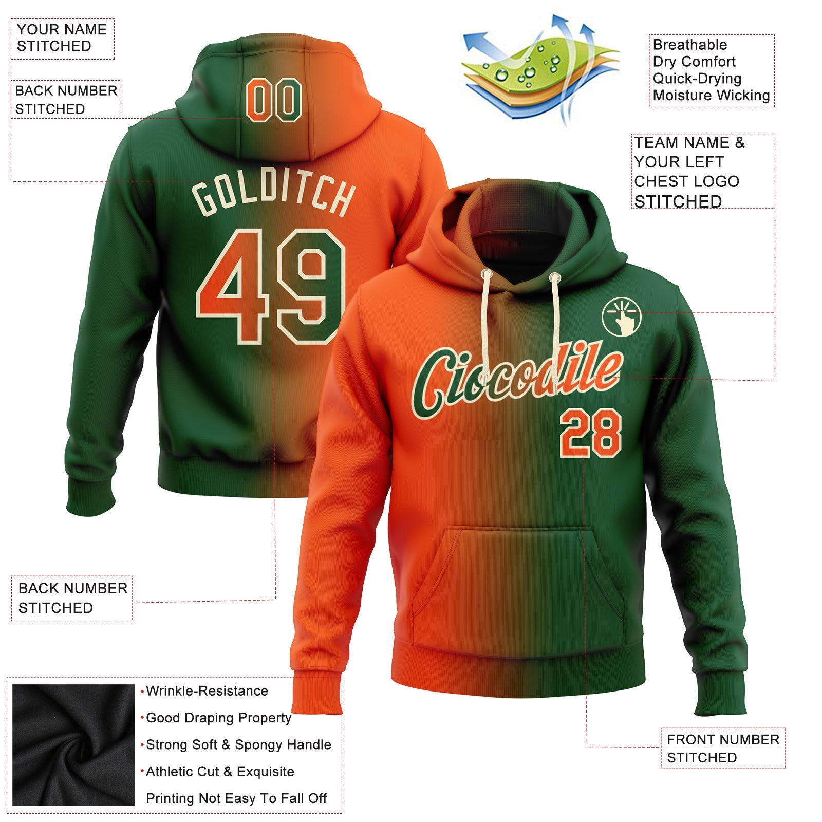 Custom Gradient Fashion Green Orange-Cream Sports Pullover Sweatshirt Hoodie