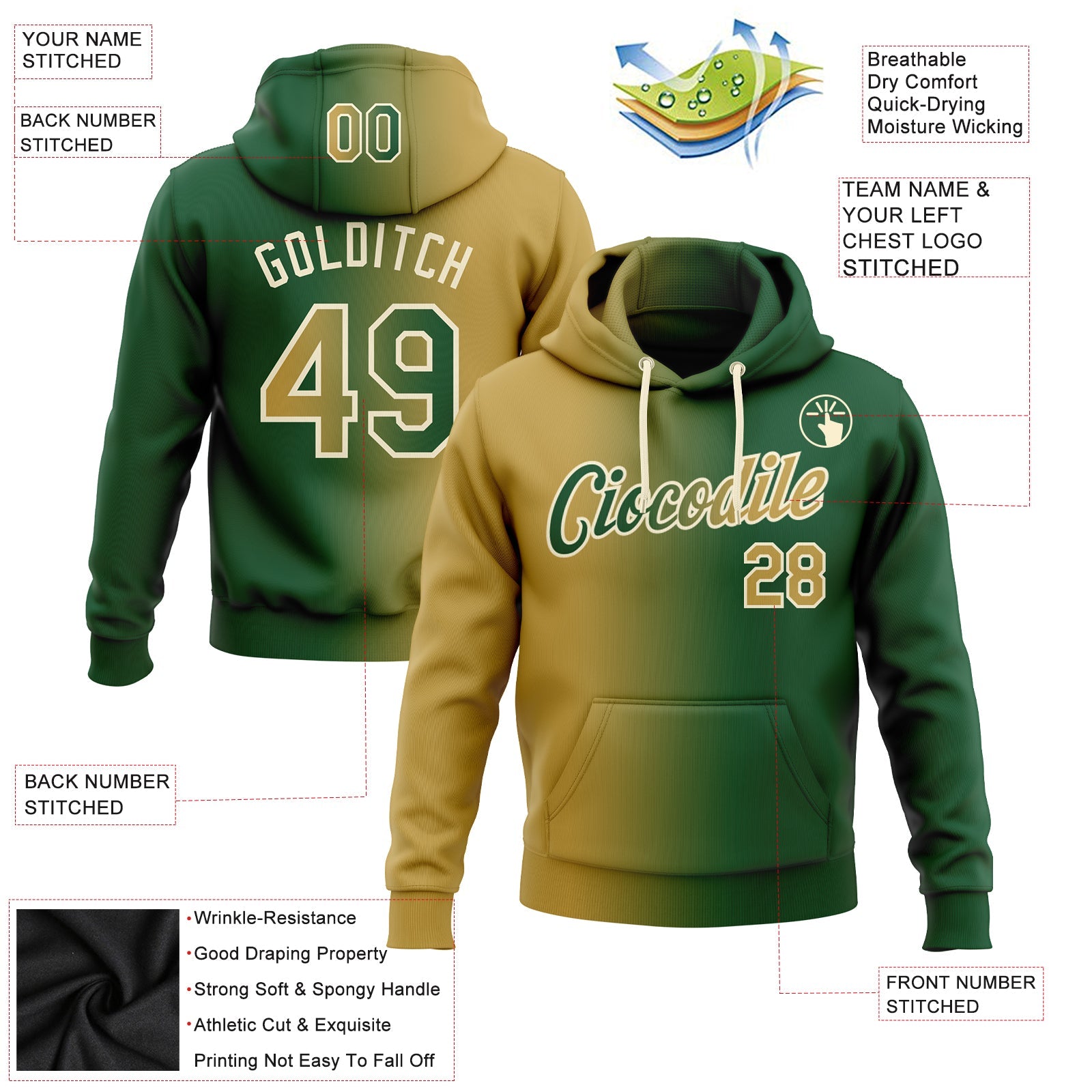Custom Gradient Fashion Green Old Gold-Cream Sports Pullover Sweatshirt Hoodie