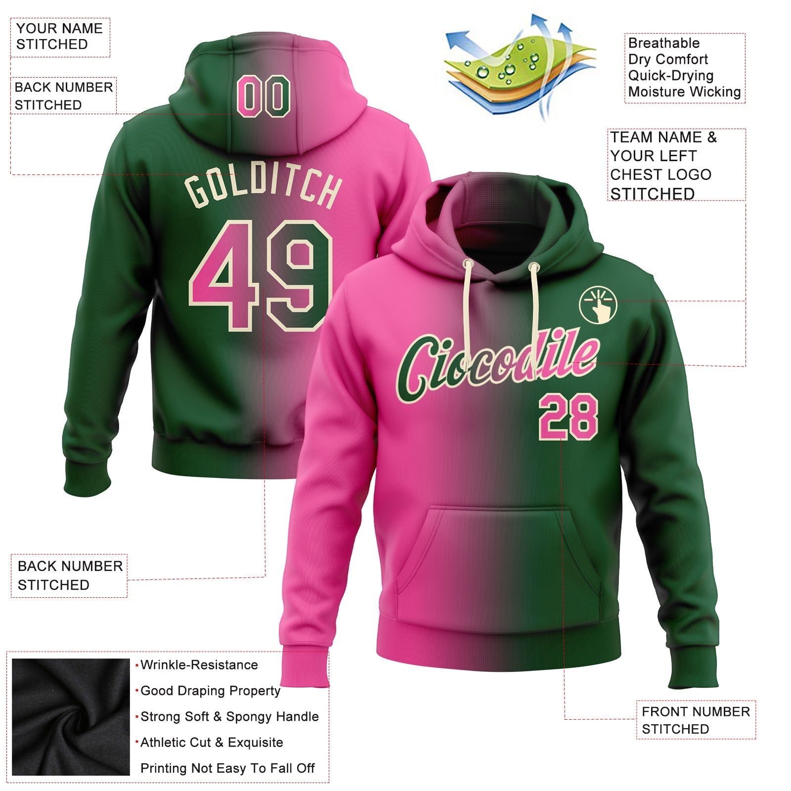 Custom Gradient Fashion Green Pink-Cream Sports Pullover Sweatshirt Hoodie