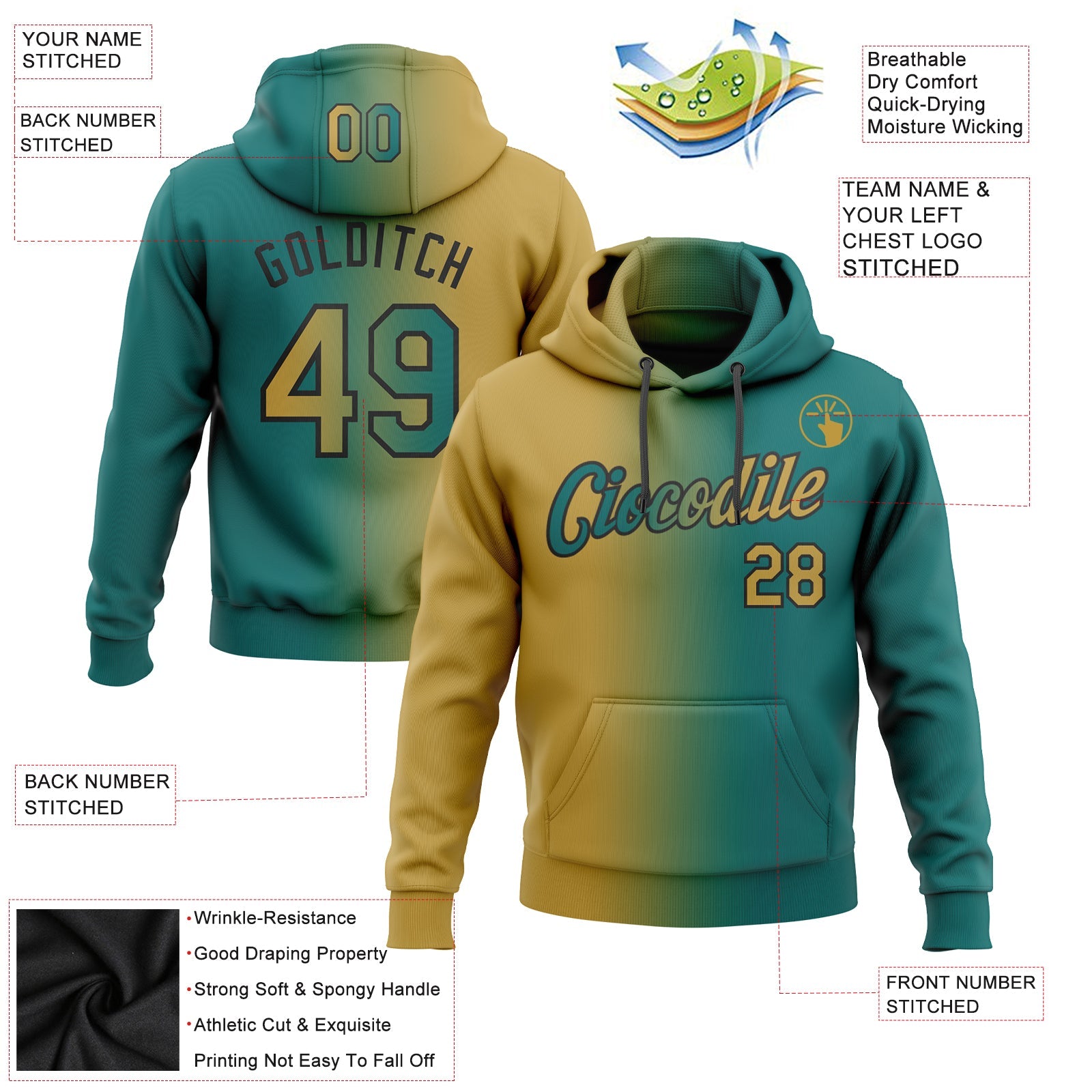 Custom Gradient Fashion Teal Old Gold-Black Sports Pullover Sweatshirt Hoodie