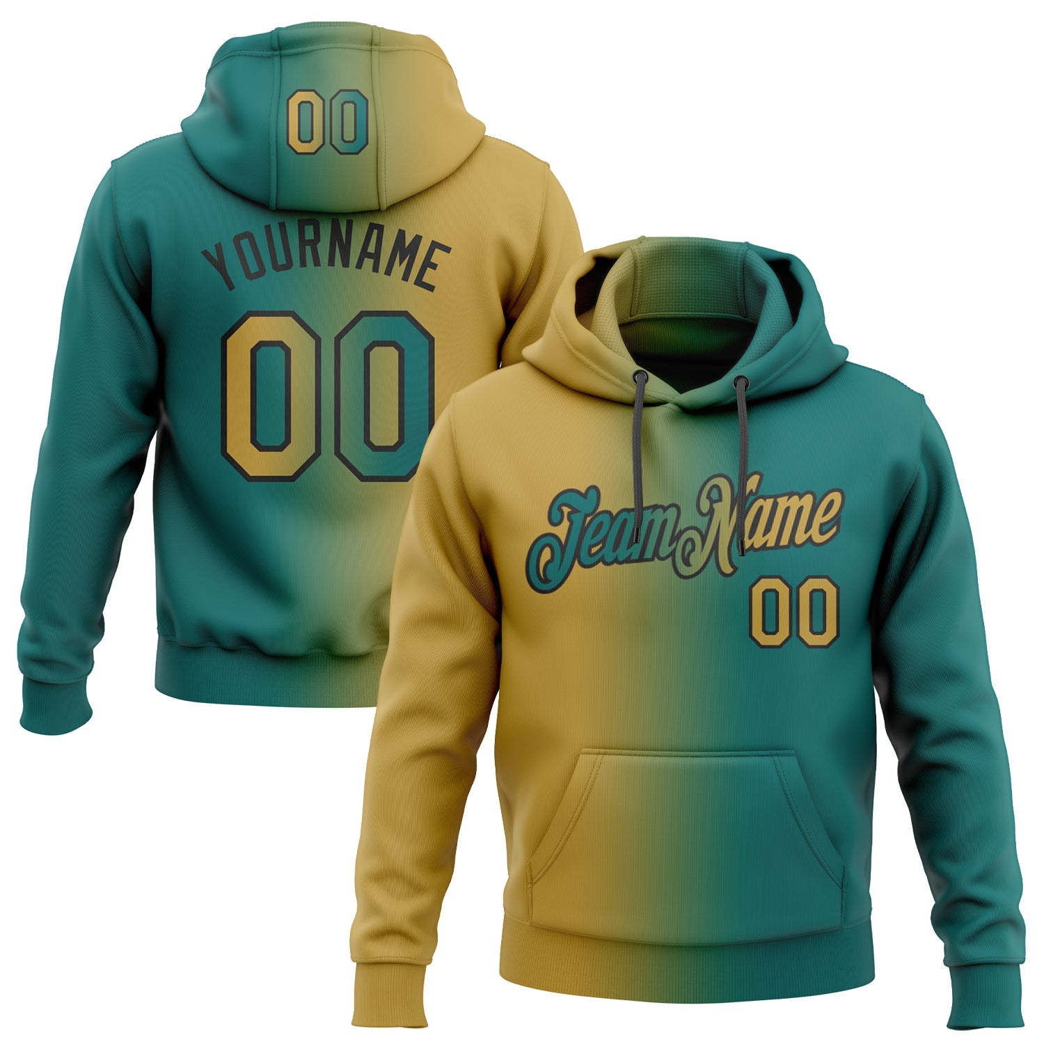 Custom Gradient Fashion Teal Old Gold-Black Sports Pullover Sweatshirt Hoodie
