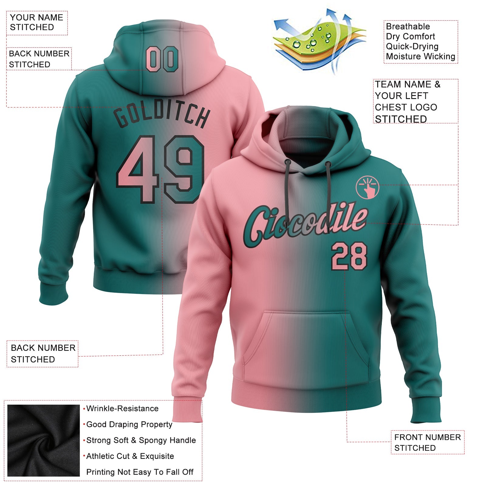 Custom Gradient Fashion Teal Medium Pink-Black Sports Pullover Sweatshirt Hoodie
