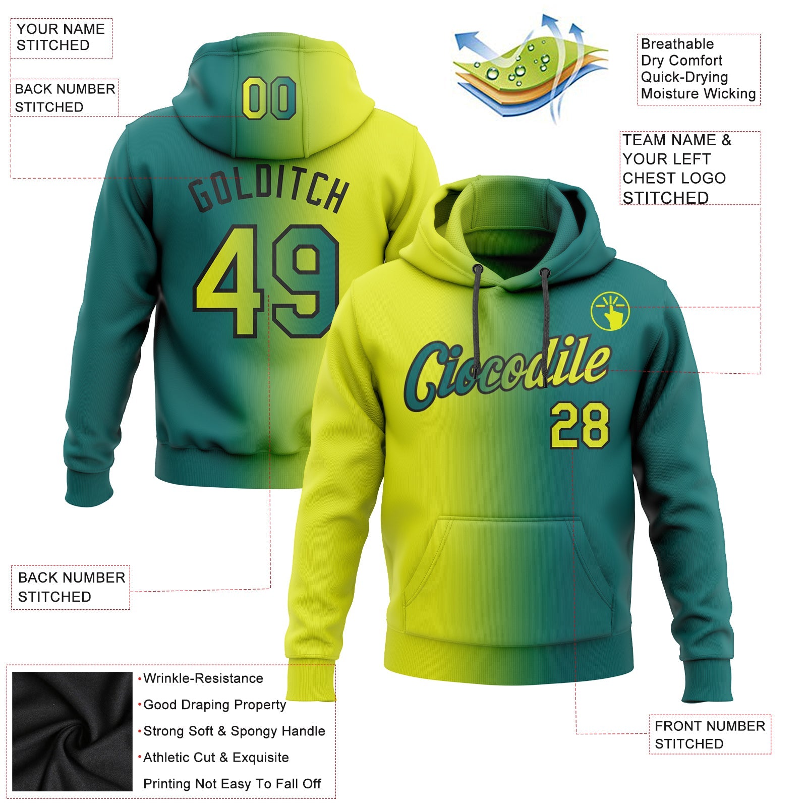 Custom Gradient Fashion Teal Neon Yellow-Black Sports Pullover Sweatshirt Hoodie