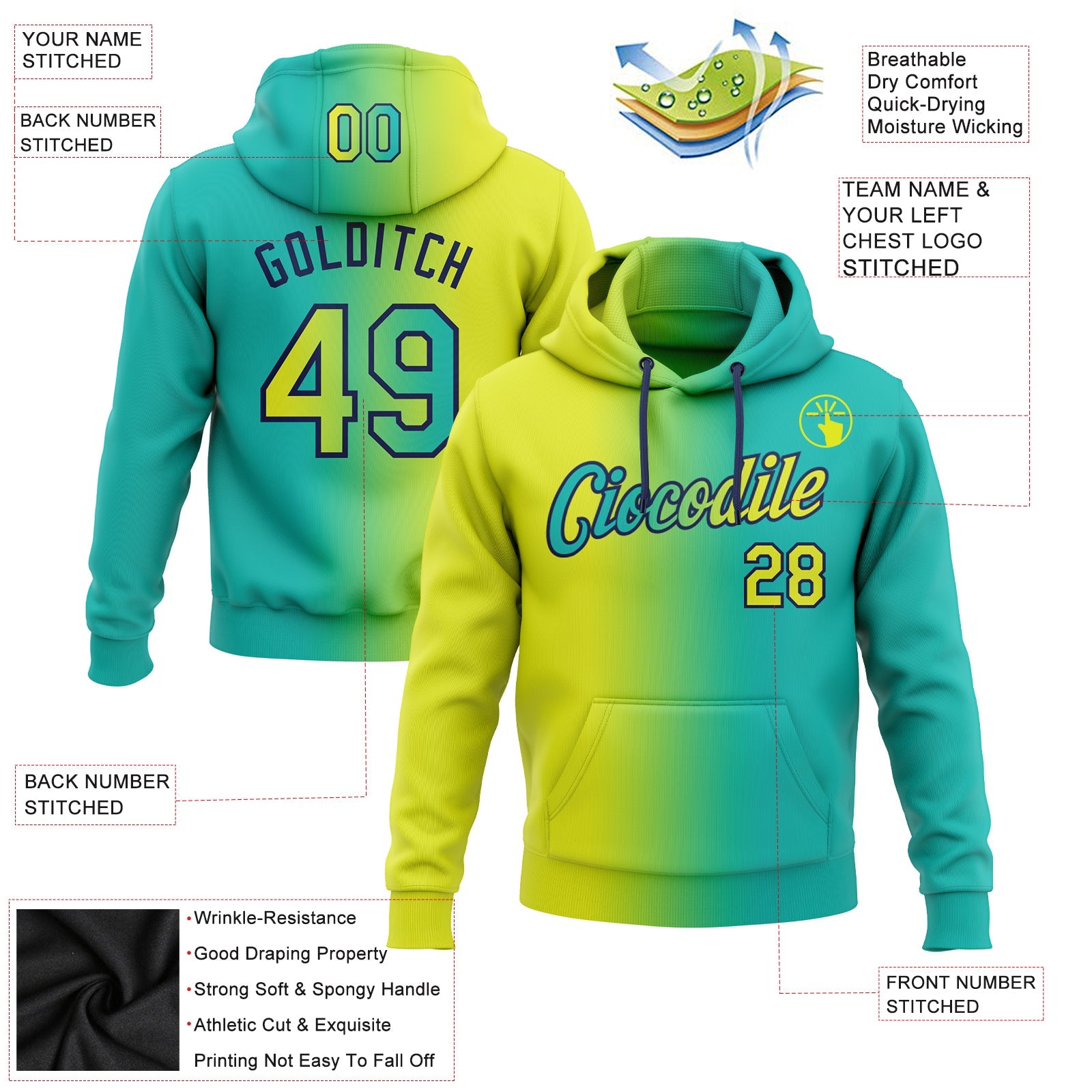 Custom Gradient Fashion Aqua Neon Yellow-Navy Sports Pullover Sweatshirt Hoodie