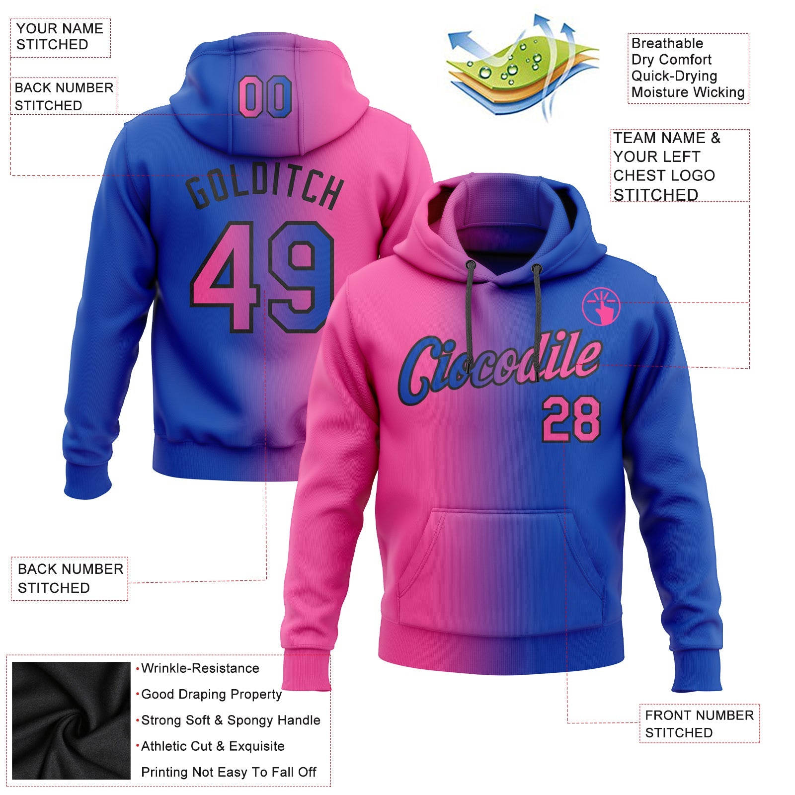 Custom Gradient Fashion Thunder Blue Pink-Black Sports Pullover Sweatshirt Hoodie