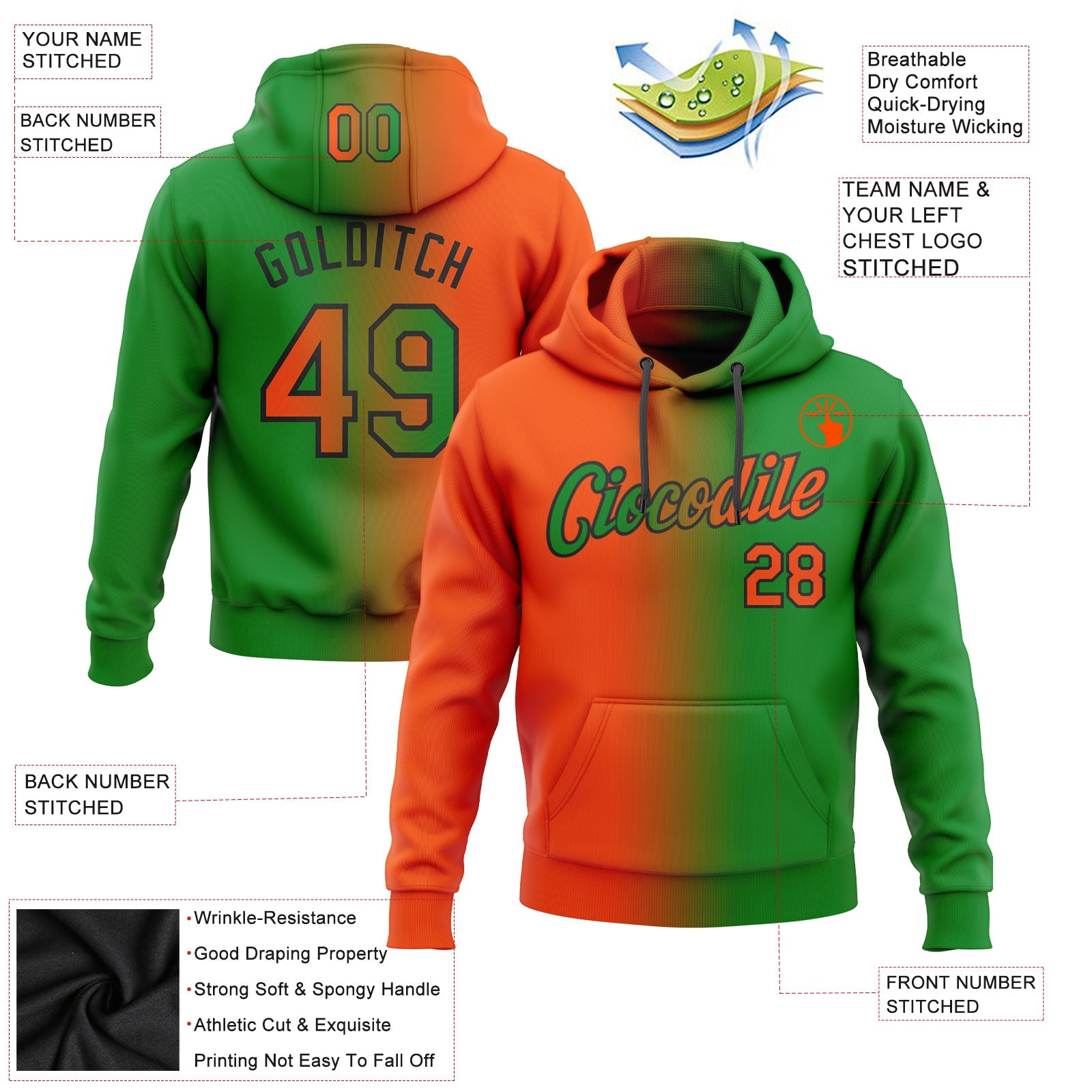 Custom Gradient Fashion Grass Green Orange-Black Sports Pullover Sweatshirt Hoodie