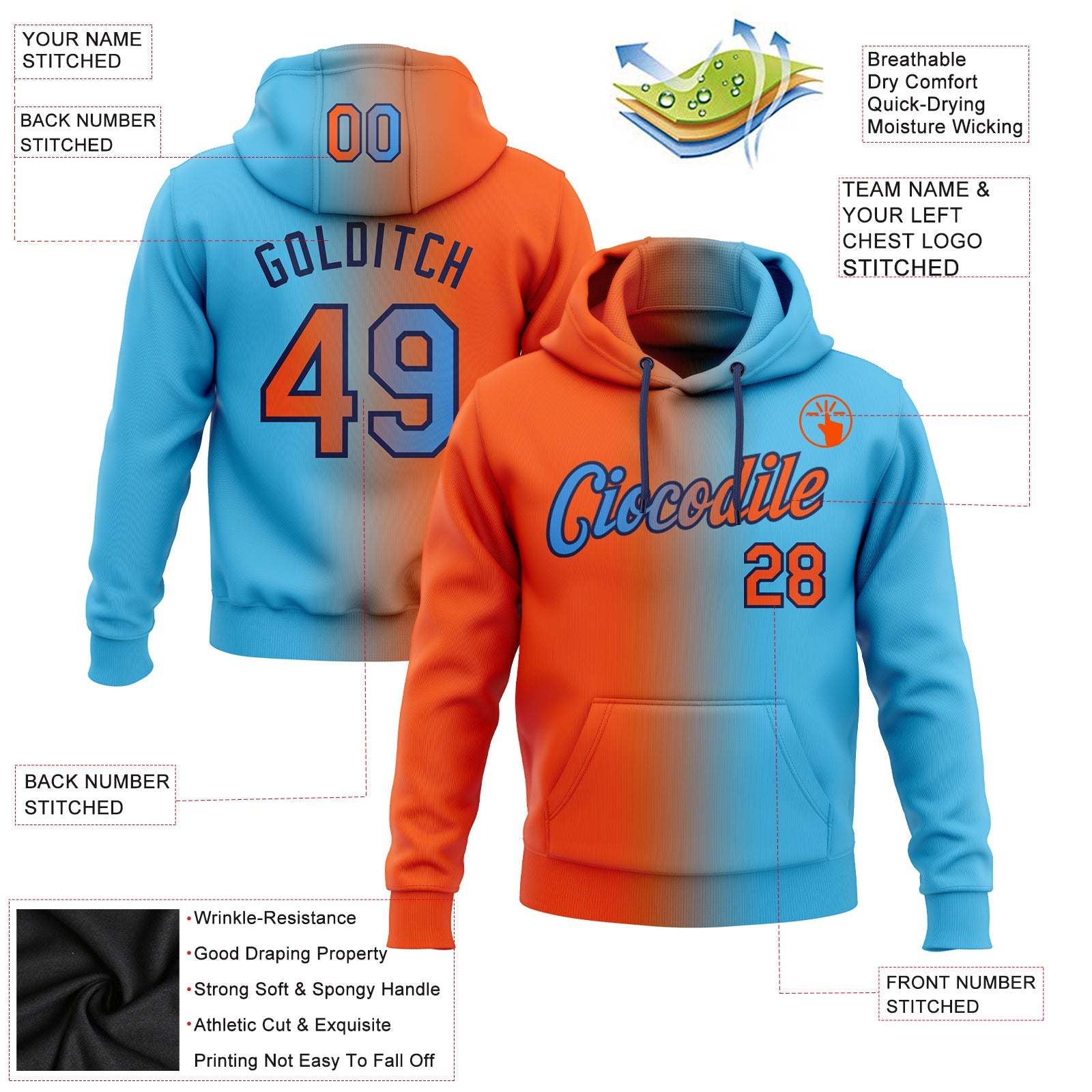 Custom Gradient Fashion Sky Blue Orange-Navy Sports Pullover Sweatshirt Hoodie