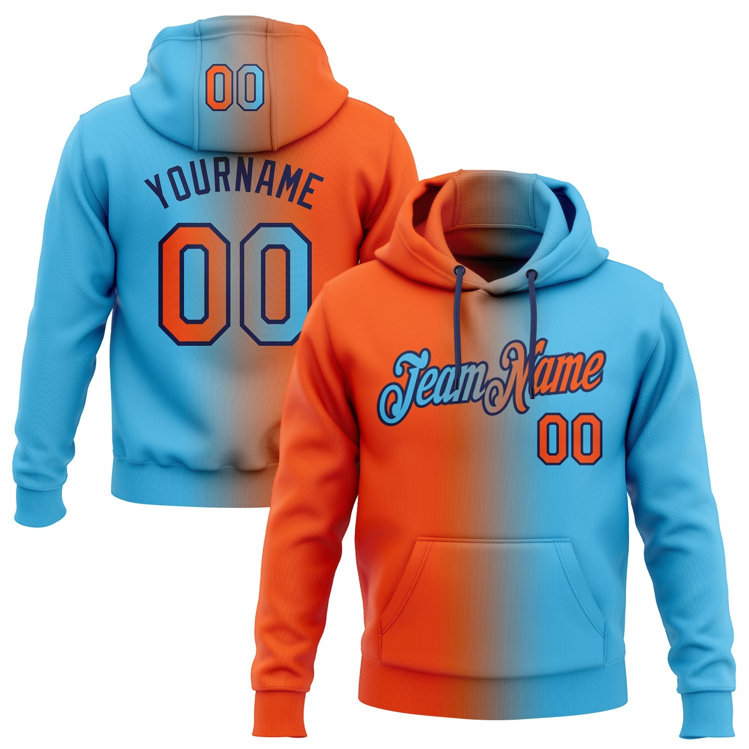 Custom Gradient Fashion Sky Blue Orange-Navy Sports Pullover Sweatshirt Hoodie