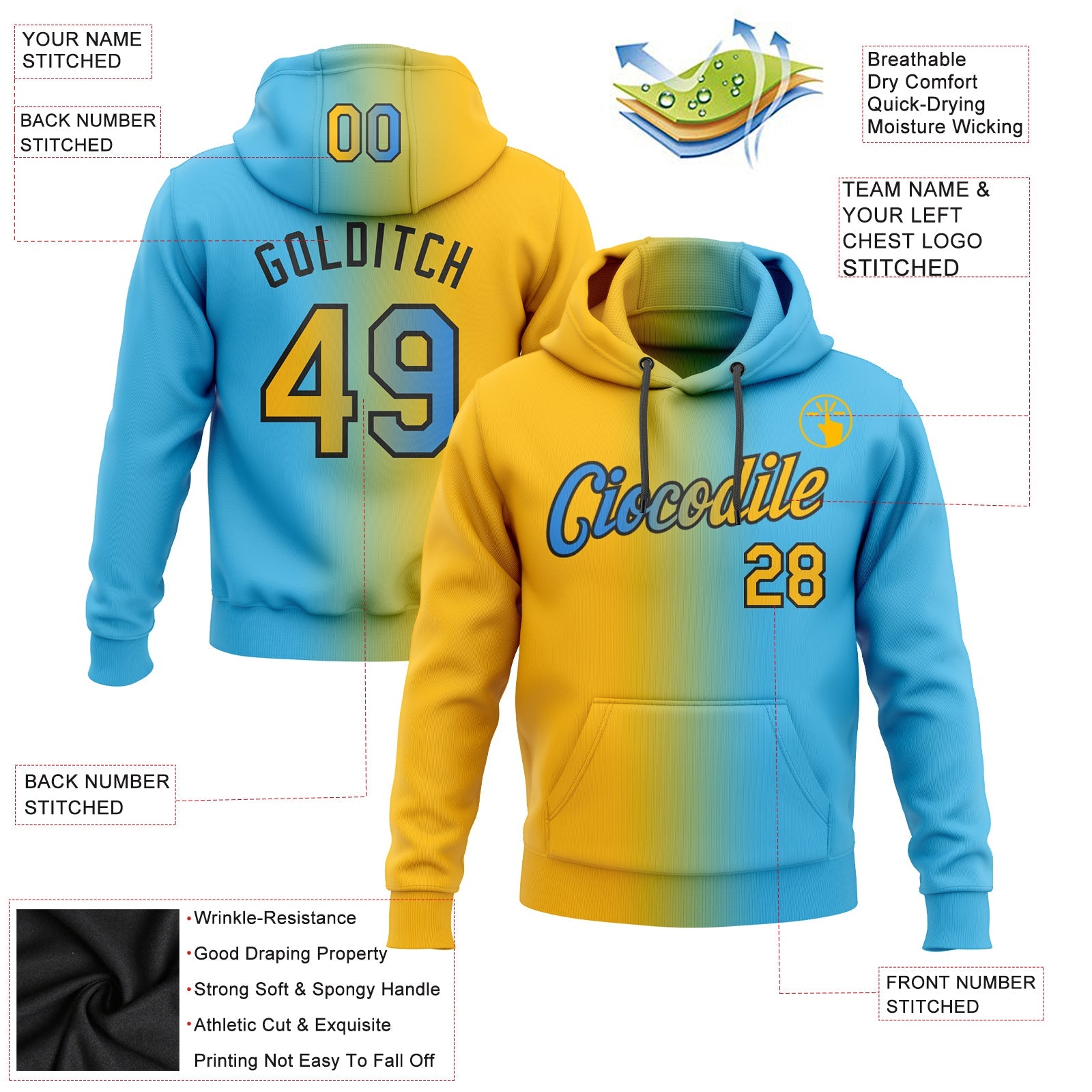 Custom Gradient Fashion Sky Blue Gold-Black Sports Pullover Sweatshirt Hoodie