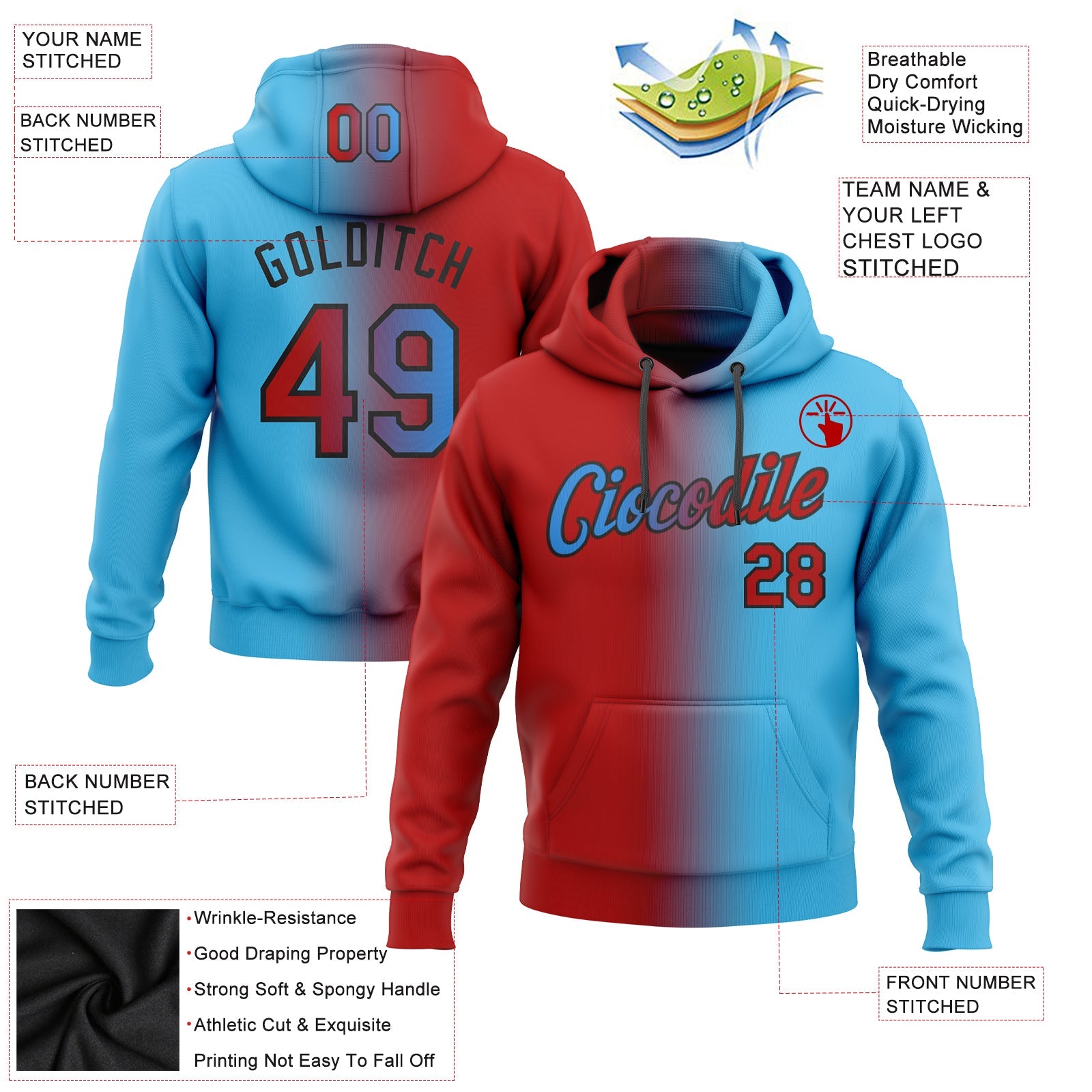 Custom Gradient Fashion Sky Blue Red-Black Sports Pullover Sweatshirt Hoodie