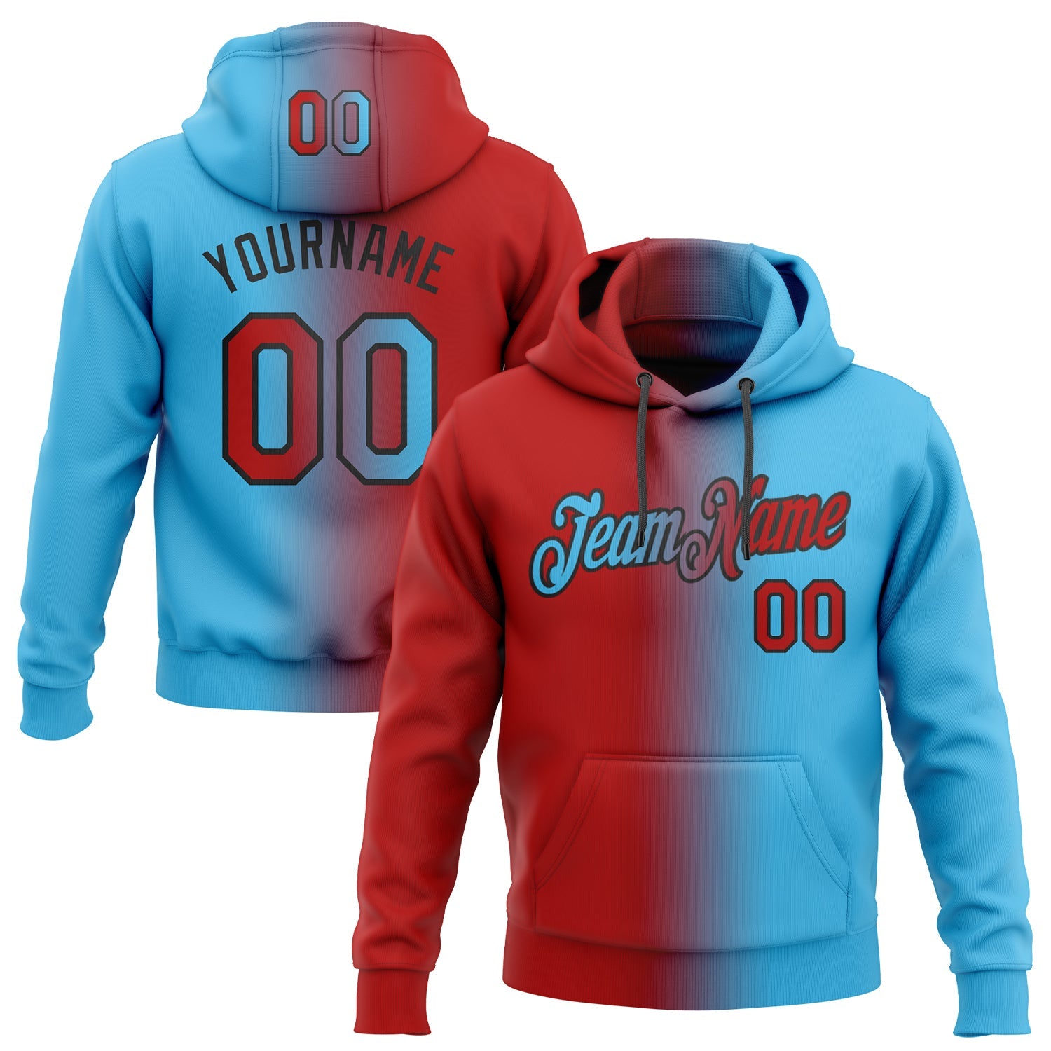 Custom Gradient Fashion Sky Blue Red-Black Sports Pullover Sweatshirt Hoodie