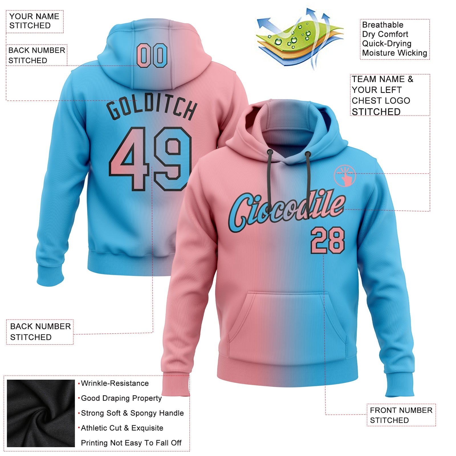 Custom Gradient Fashion Sky Blue Medium Pink-Black Sports Pullover Sweatshirt Hoodie