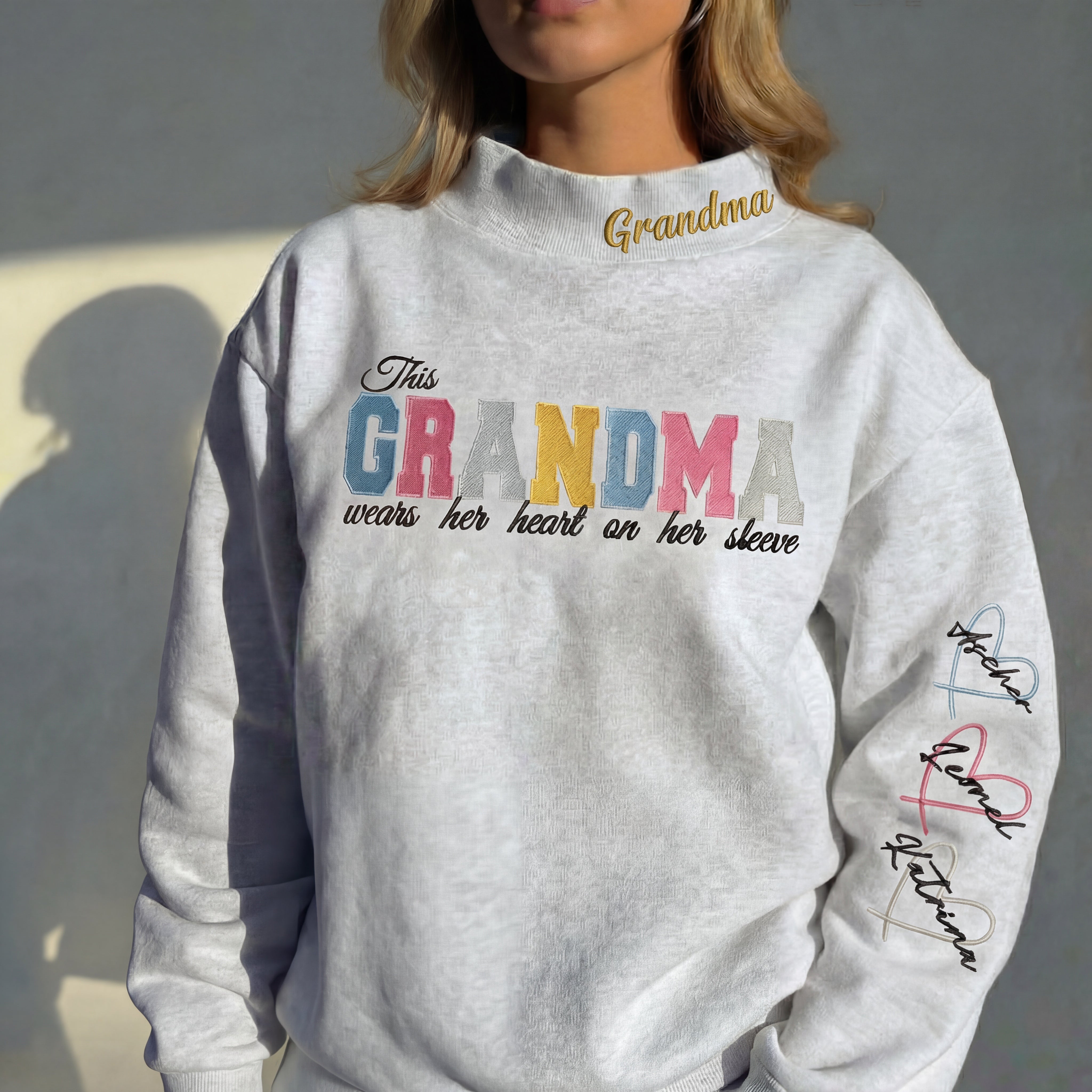 Custom Grandma Wears Her Heart On Her Sleeve Mockneck Embroidered Sweatshirt – Stand-up Collar | Mother's Day Gift