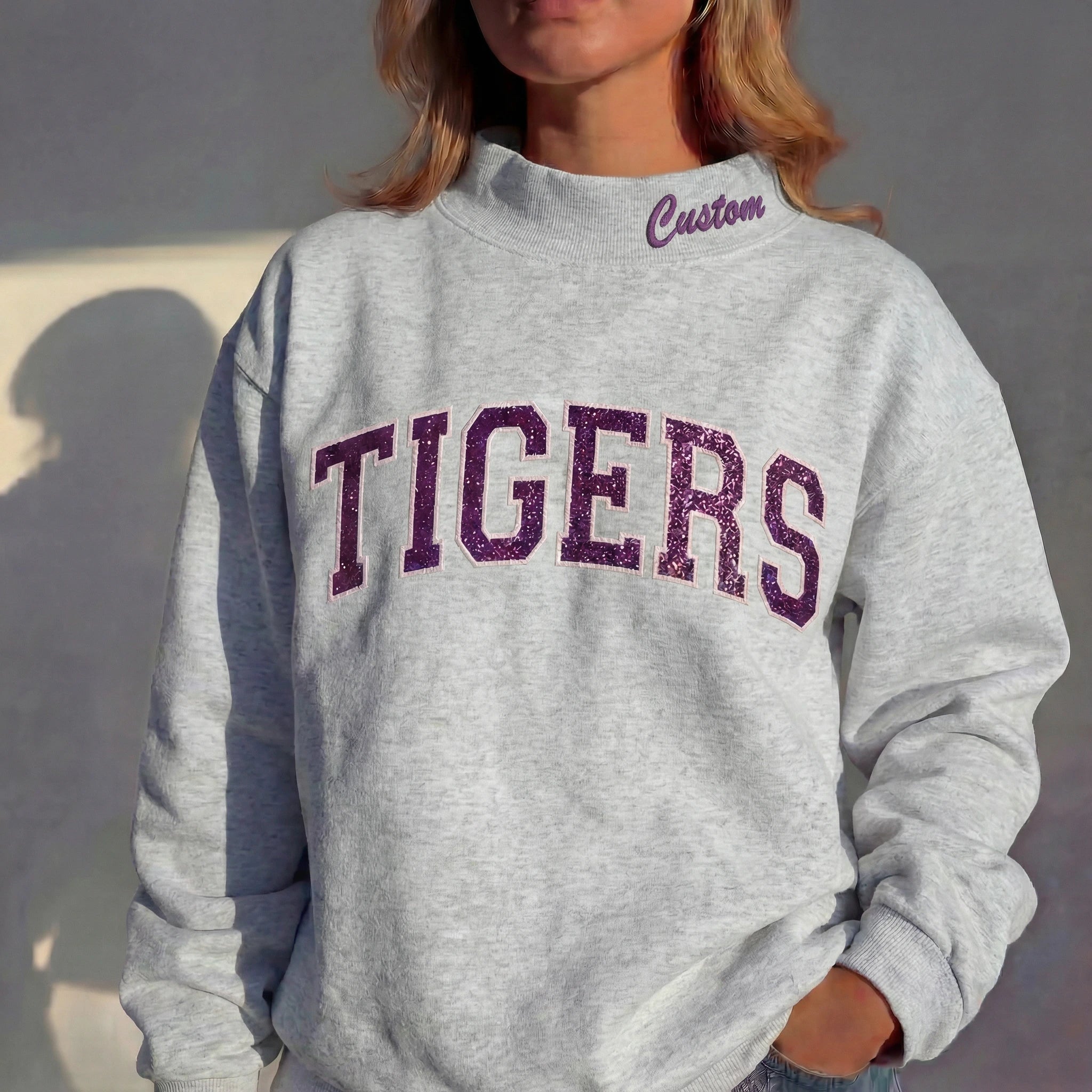 Custom Mockneck Glitter Team Name Sweatshirt – Stand-up Collar | Gifts for Sports Mom