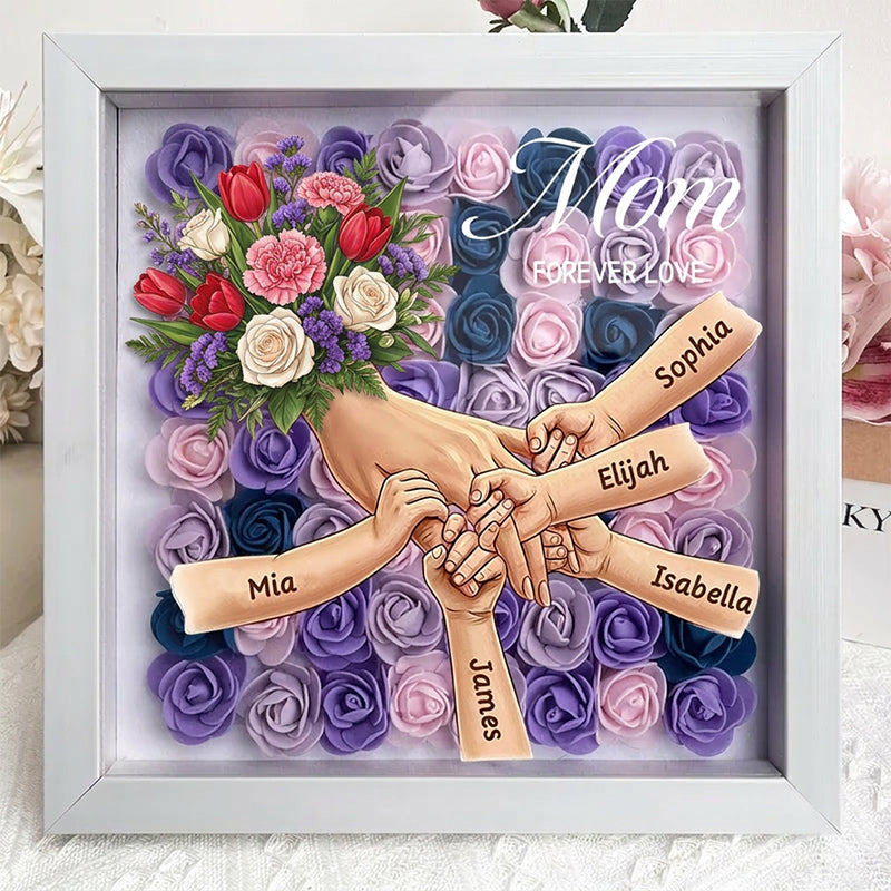 "Tulips, White Roses, and Carnations"-Personalized Mom Holding Hands Flower Shadow Box-Mother's Day Remembrance Frame, In Loving Memory Gift