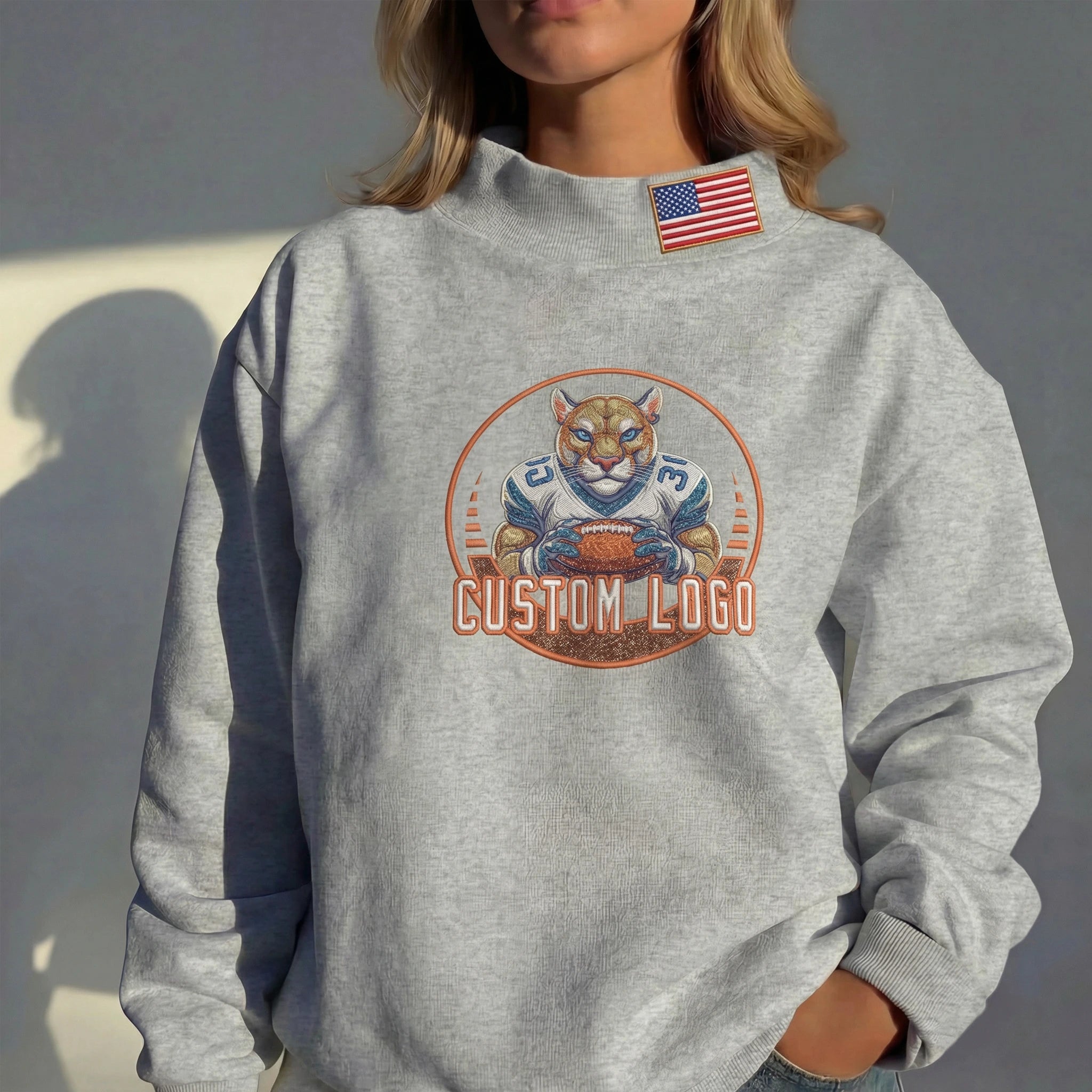 Custom Upload Your Logo Mockneck Glitter Sweatshirt – Stand-up Collar | Gifts for Sports Mom