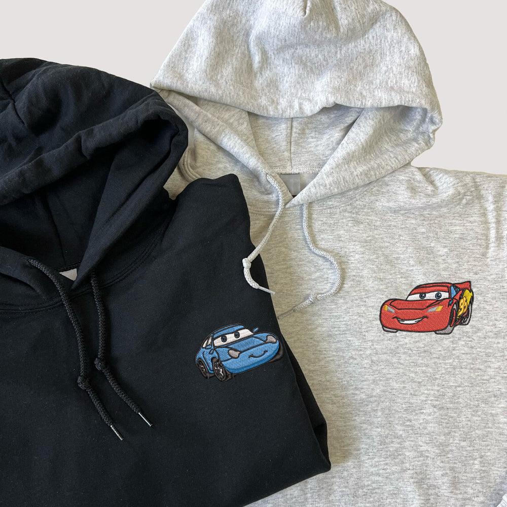 Custom Embroidered Matching Couple Hoodies For Valentine ideas, Lightning x Valepand Cartoon Cars Couples Embroidered Hoodie