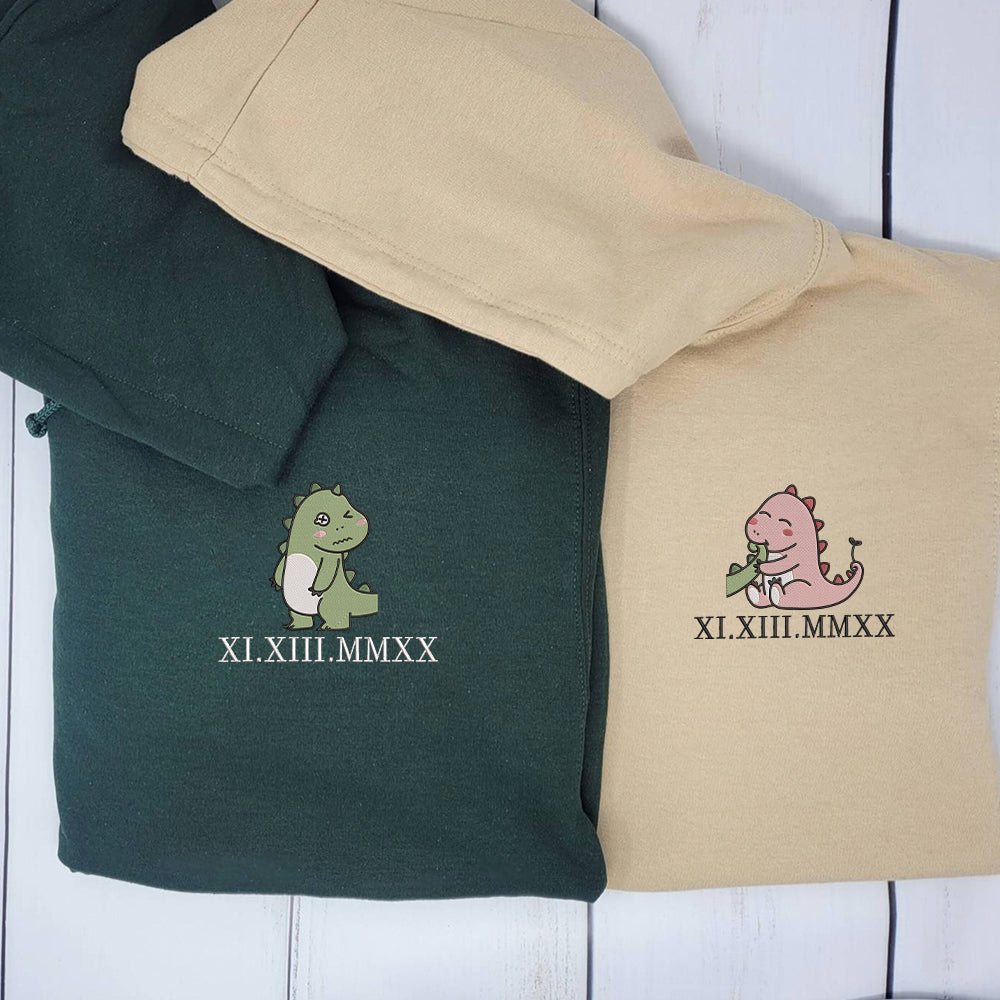 Lovely Couple Dinosaur Custom Roman Numeral Matching Embroidered Hoodies For Couples | Couple Anniversary Gift