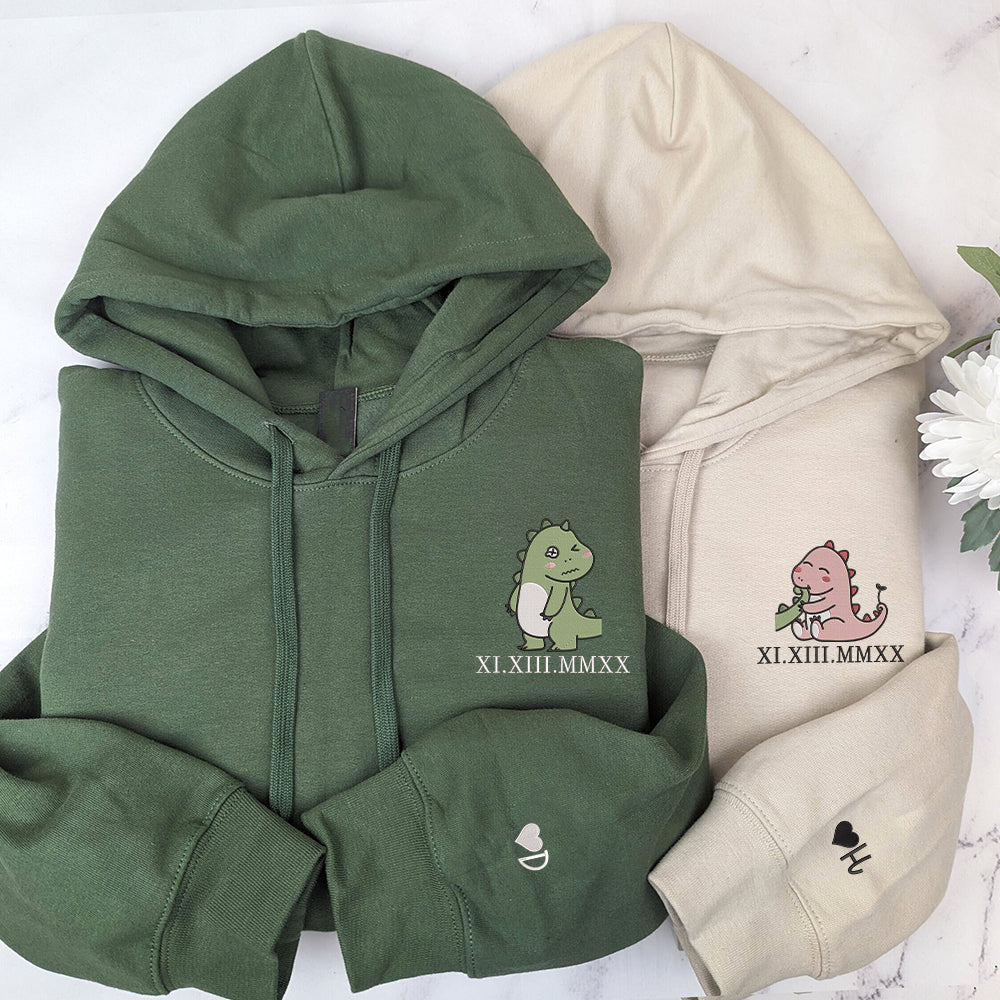 Lovely Couple Dinosaur Custom Roman Numeral Matching Embroidered Hoodies For Couples | Couple Anniversary Gift