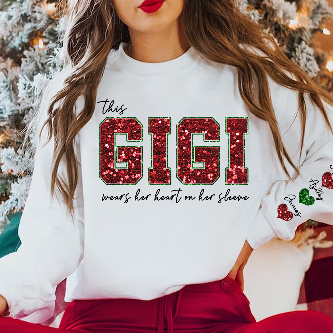Custom This Gigi Wears Her Heart on Her Sleeve And Kids name Sequin Applique Embroidered Christmas Sweatshirt
