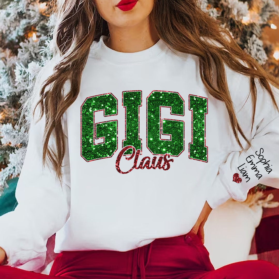 Custom Sequin Applique Embroidered Gigi Claus Green Christmas And Kids name Sweatshirt
