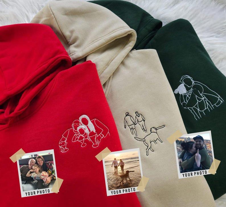 Custom Outline Embroidered Photo Portrait Hoodie | Family Gift