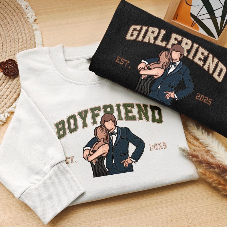 Custom Valentine's Day Embroidered Couple Portrait Photo Hoodie with Date | Couple Anniversary Gift