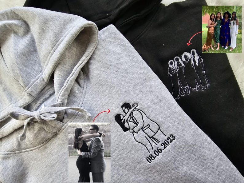 Custom Outline Embroidered Photo Portrait Hoodie | Family Gift